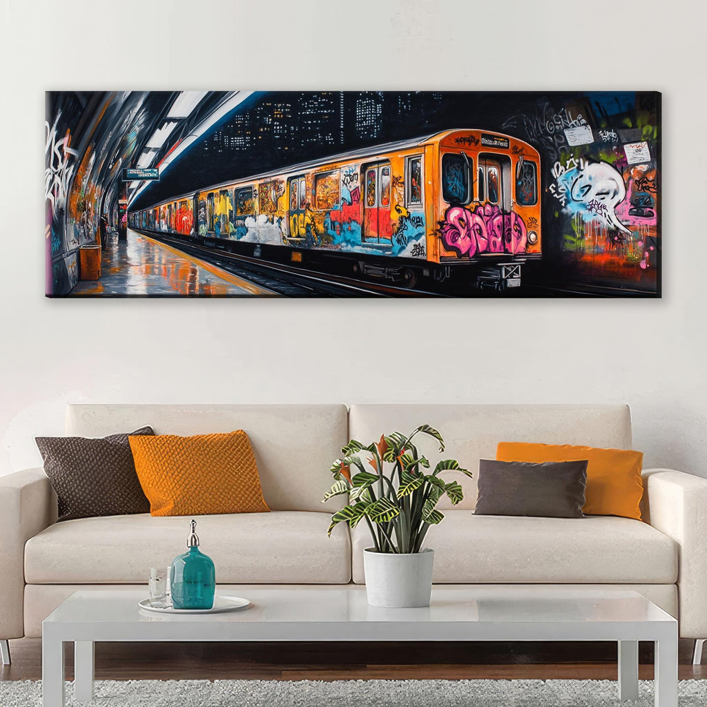 a living room with a couch and a painting on the wall