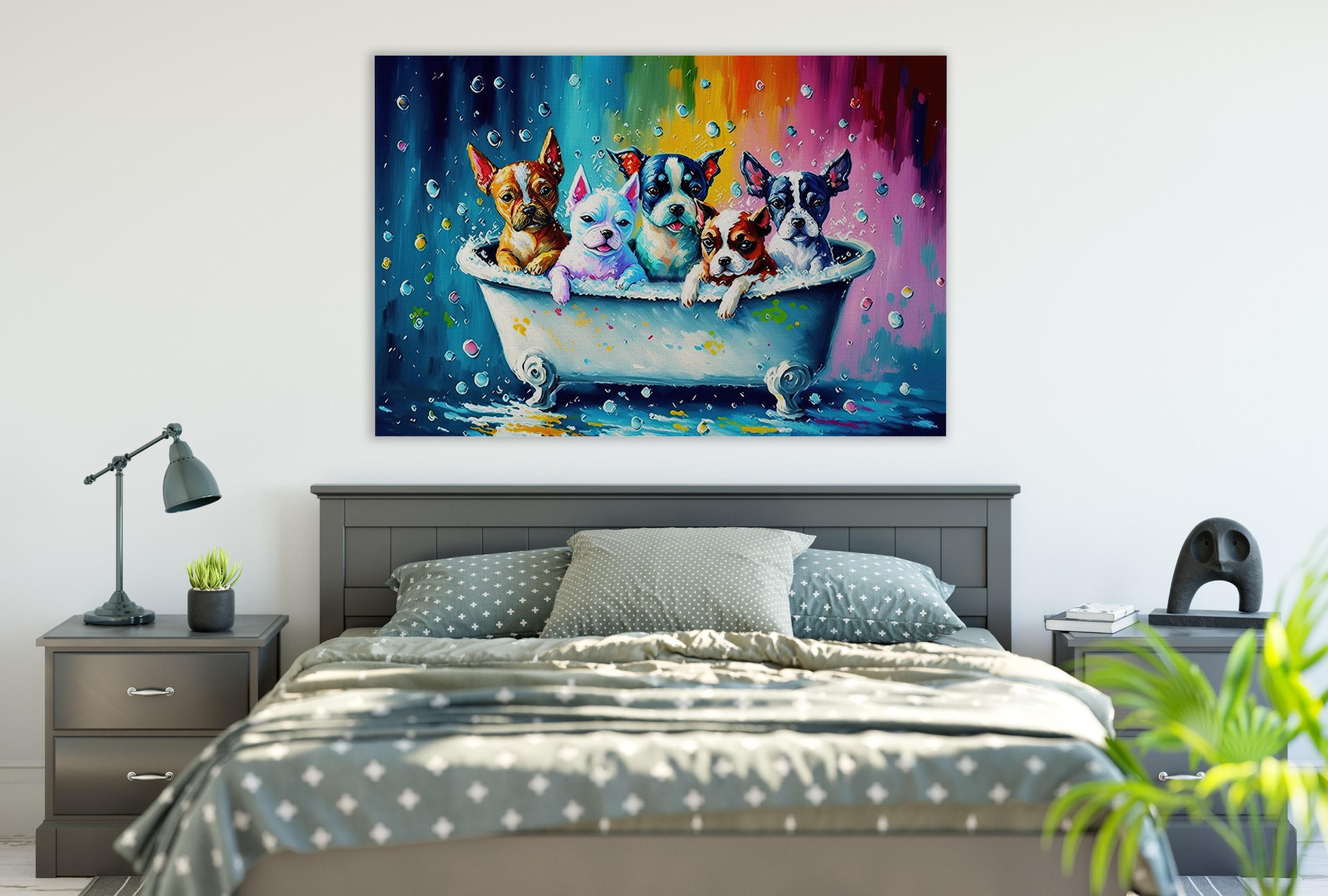 Dogs in Tub Art – Vibrant Puppy Canvas Print with Playful Bathroom Dog Scene