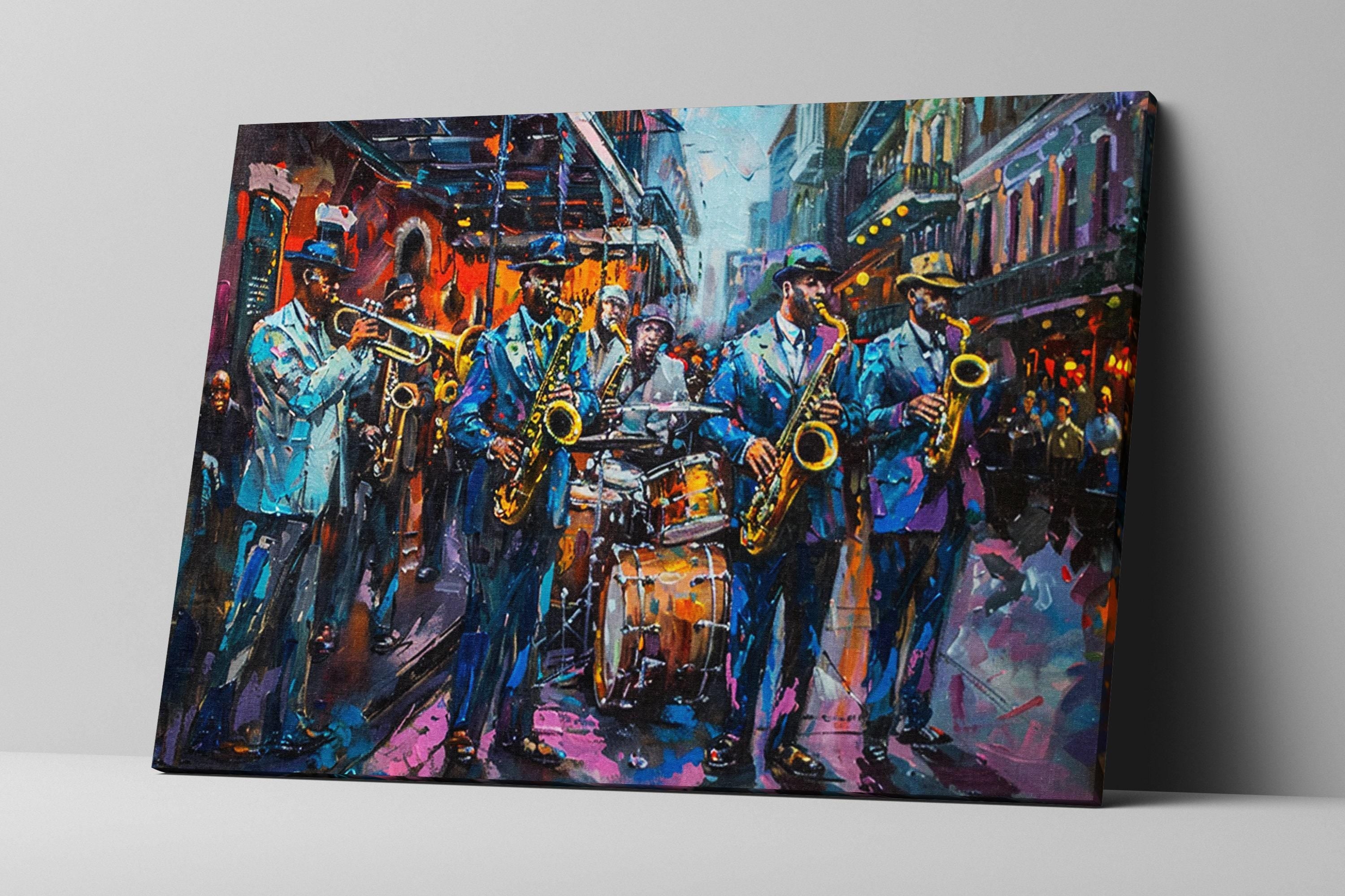 The image is a vibrant painting depicting a lively street scene with a group of musicians playing various instruments, including saxophones, drums, and other brass and percussion instruments.
