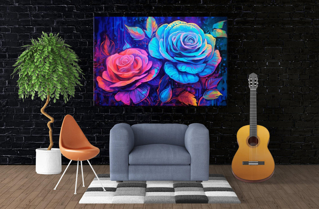 Neon Oil Painting - Large Canvas Wall Art | Colorful Roses Art, Blacklight Style