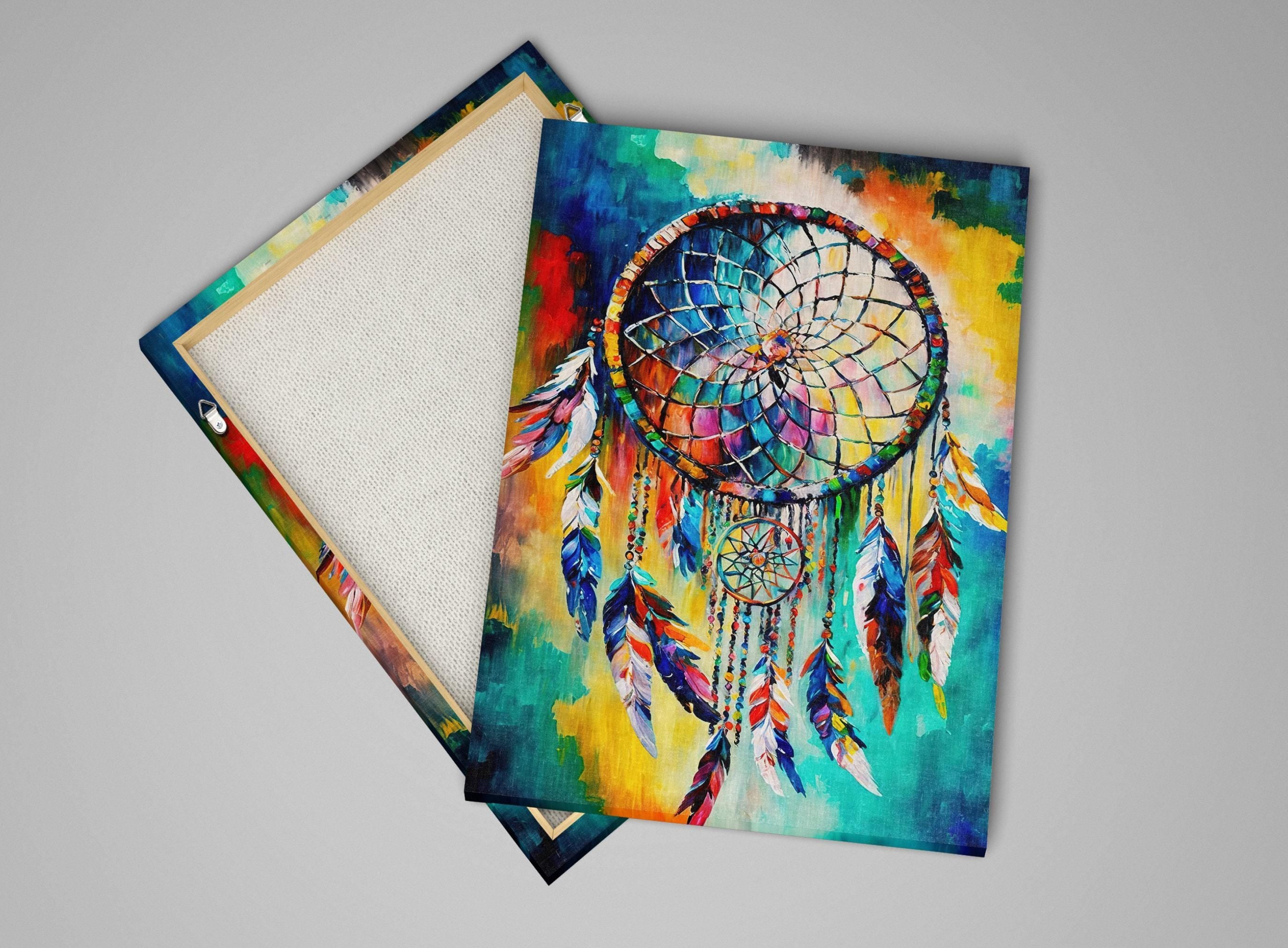 Dreamcatcher Art Print - Native American Canvas Wall Decor With Peacock Feather Art