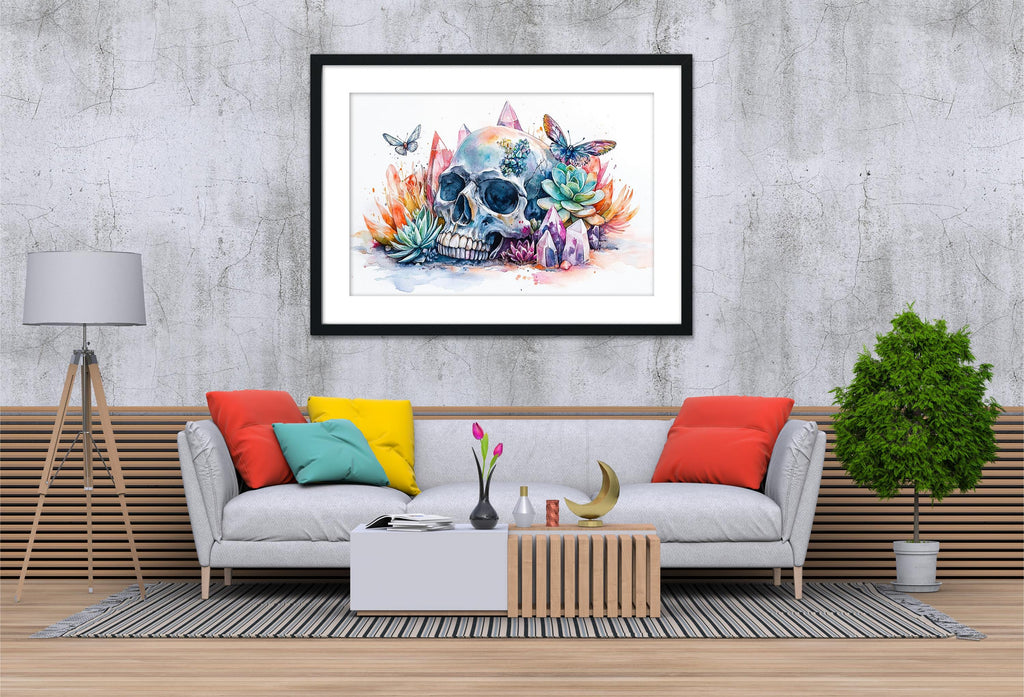 a modern living room with a gray sofa adorned with colorful throw pillows, a wooden coffee table, and a framed painting of a skull surrounded by flowers and butterflies hanging on the wall above the sofa.