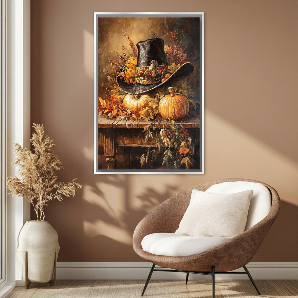 a framed painting of a cowboy hat, pumpkins, and autumn foliage hanging on a wall in a room with a brown chair and a potted plant.