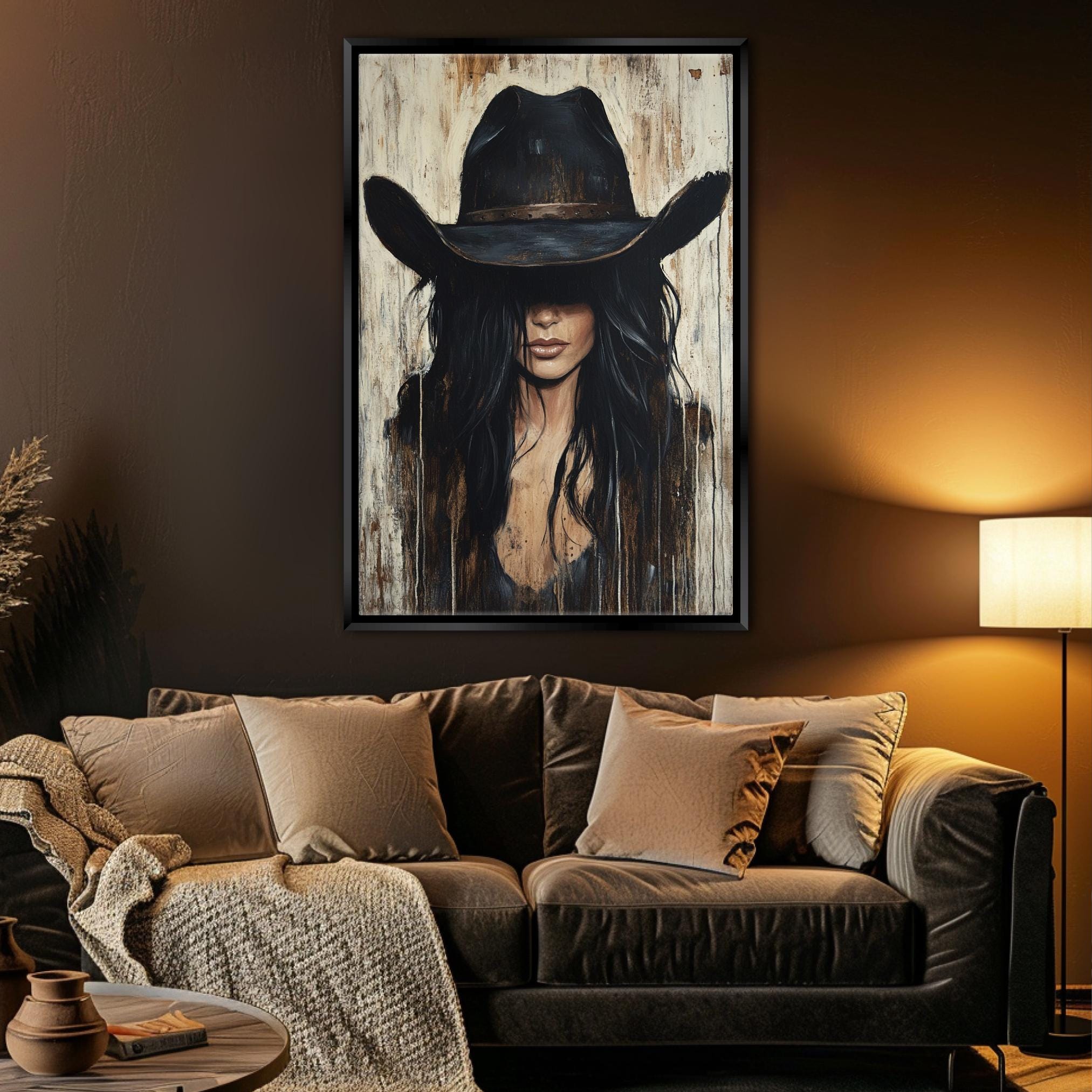 a painting of a woman wearing a cowboy hat