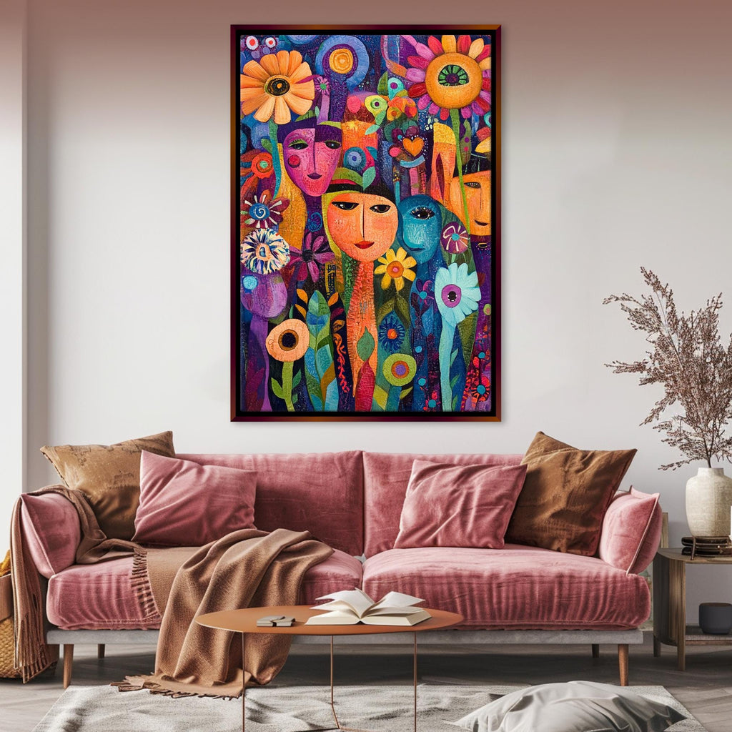 a living room with a pink couch and a painting on the wall