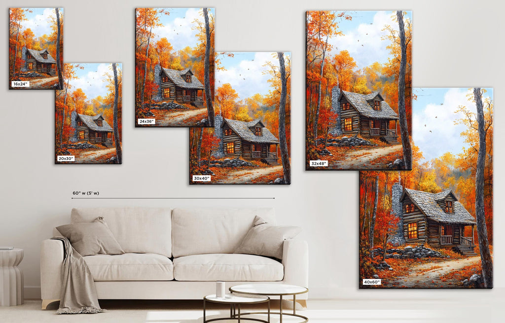 The image is a collage of multiple images depicting a cabin in a forest setting, with a white couch in the foreground.