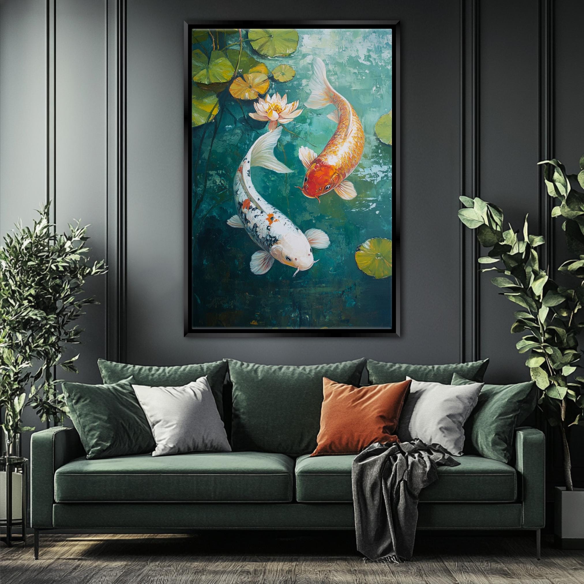 a painting of two koi fish swimming in a pond