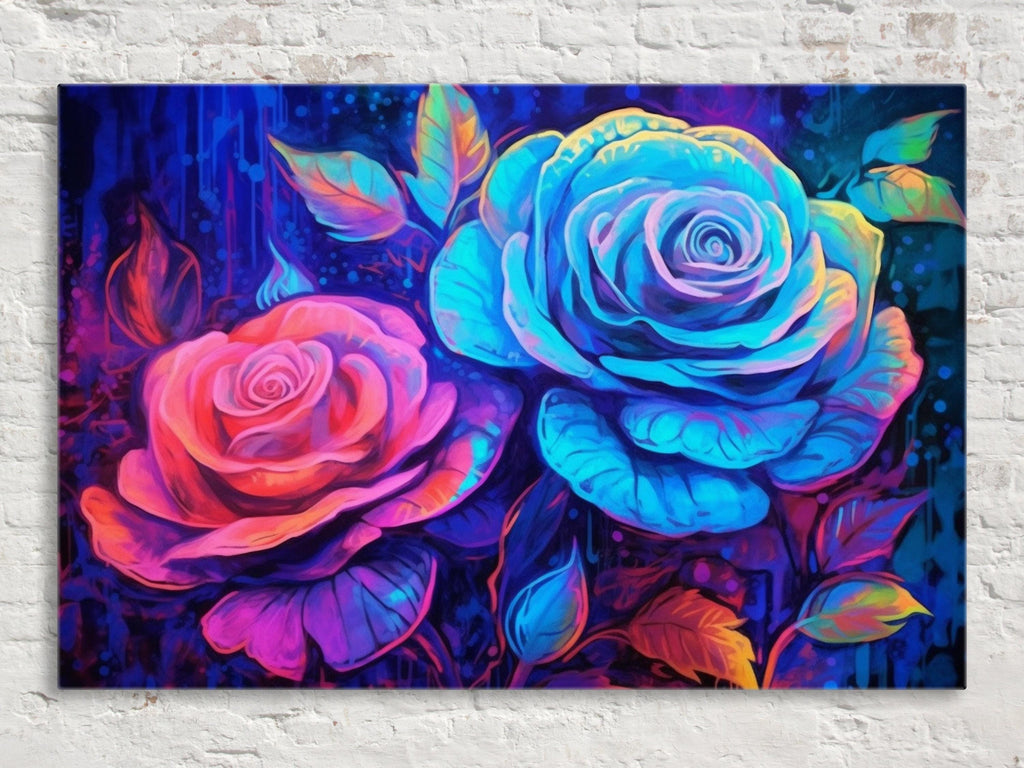 Neon Oil Painting - Large Canvas Wall Art | Colorful Roses Art, Blacklight Style