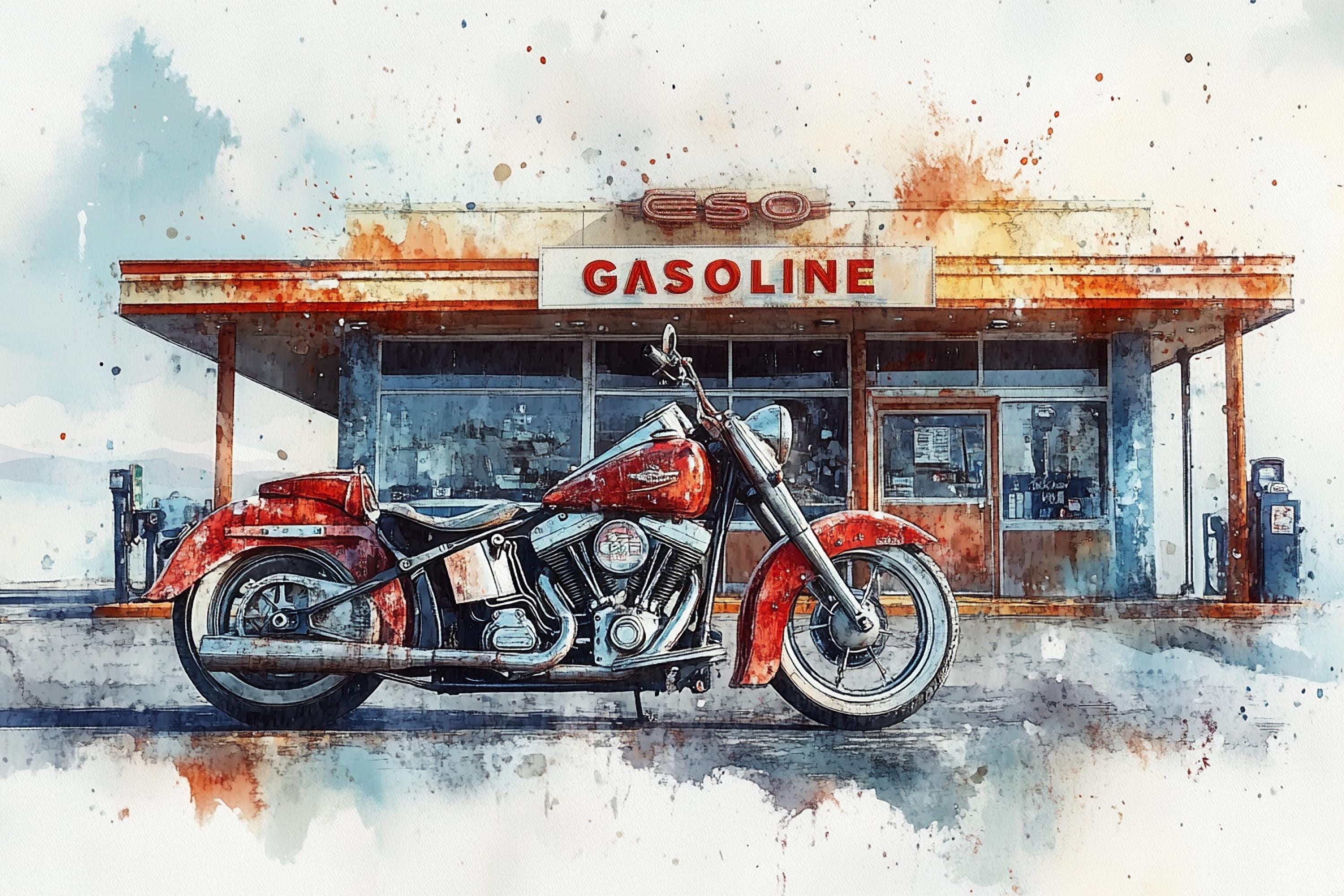 A red motorcycle is parked in front of a gas station with a faded sign that reads "GASOLINE".