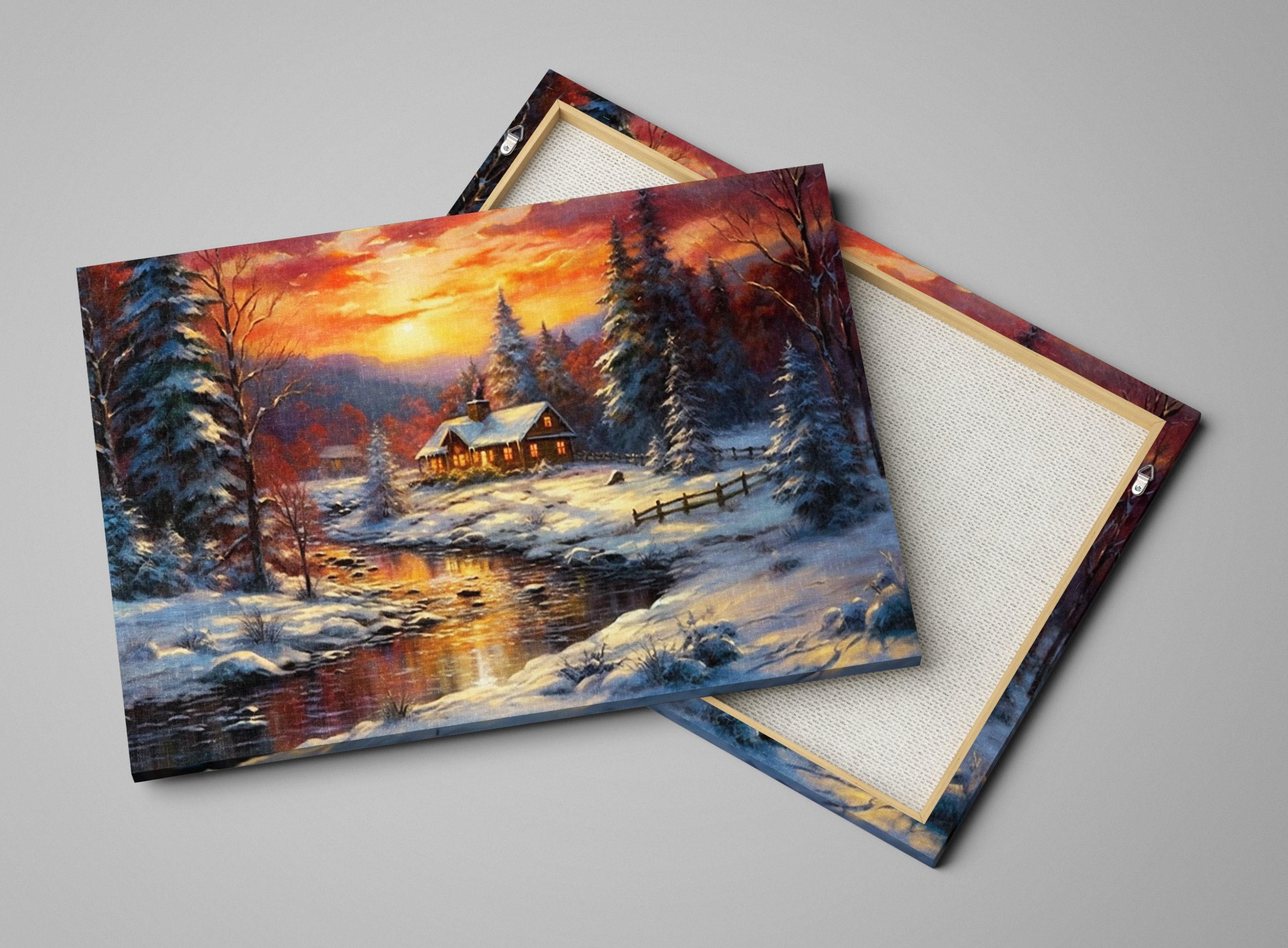 Winter Cabin Canvas | Vintage Oil Painting Rustic Winter Landscape Art - Gallery Wrapped