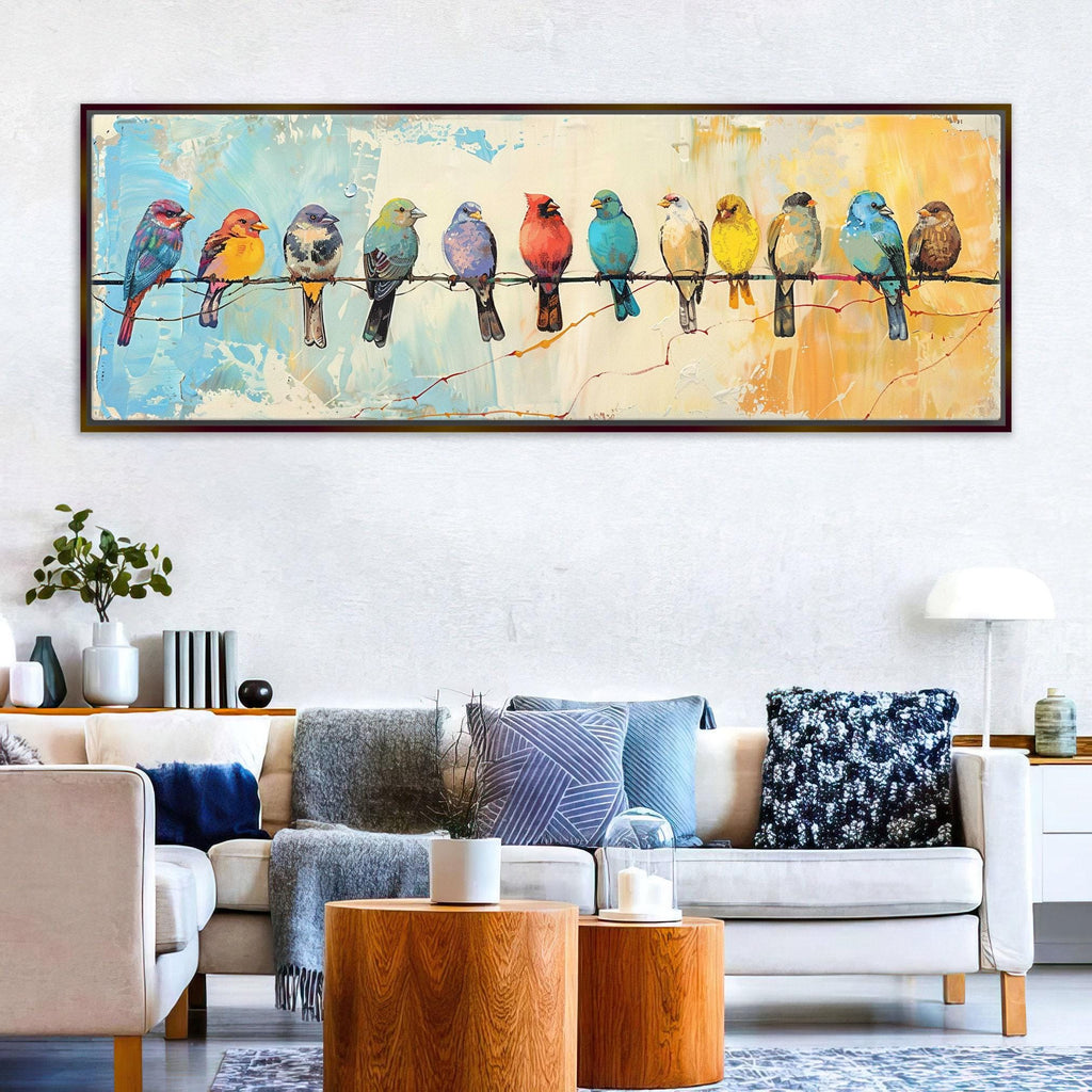 a large painting of colorful birds perched on a wire, displayed on a wall above a white couch in a living room setting.