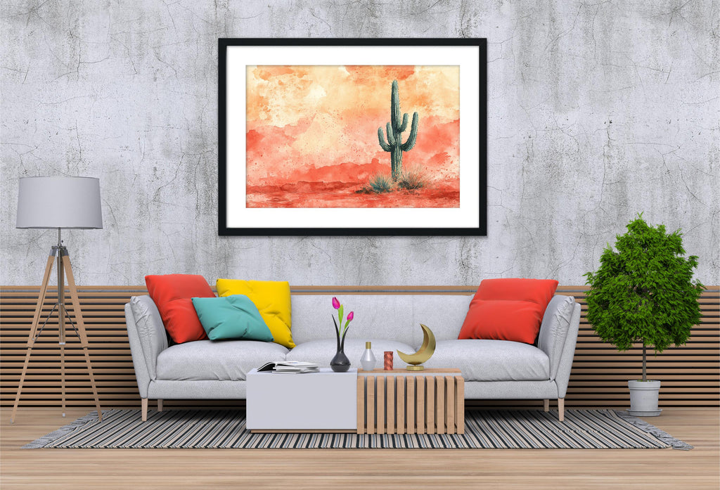 a modern living room with a gray sofa adorned with colorful throw pillows, a wooden coffee table, and a framed painting of a cactus on the wall above the sofa.
