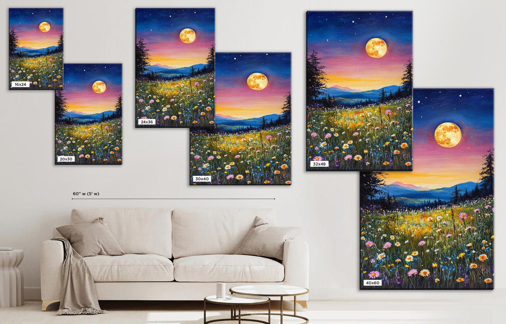 a living room with a couch and paintings on the wall