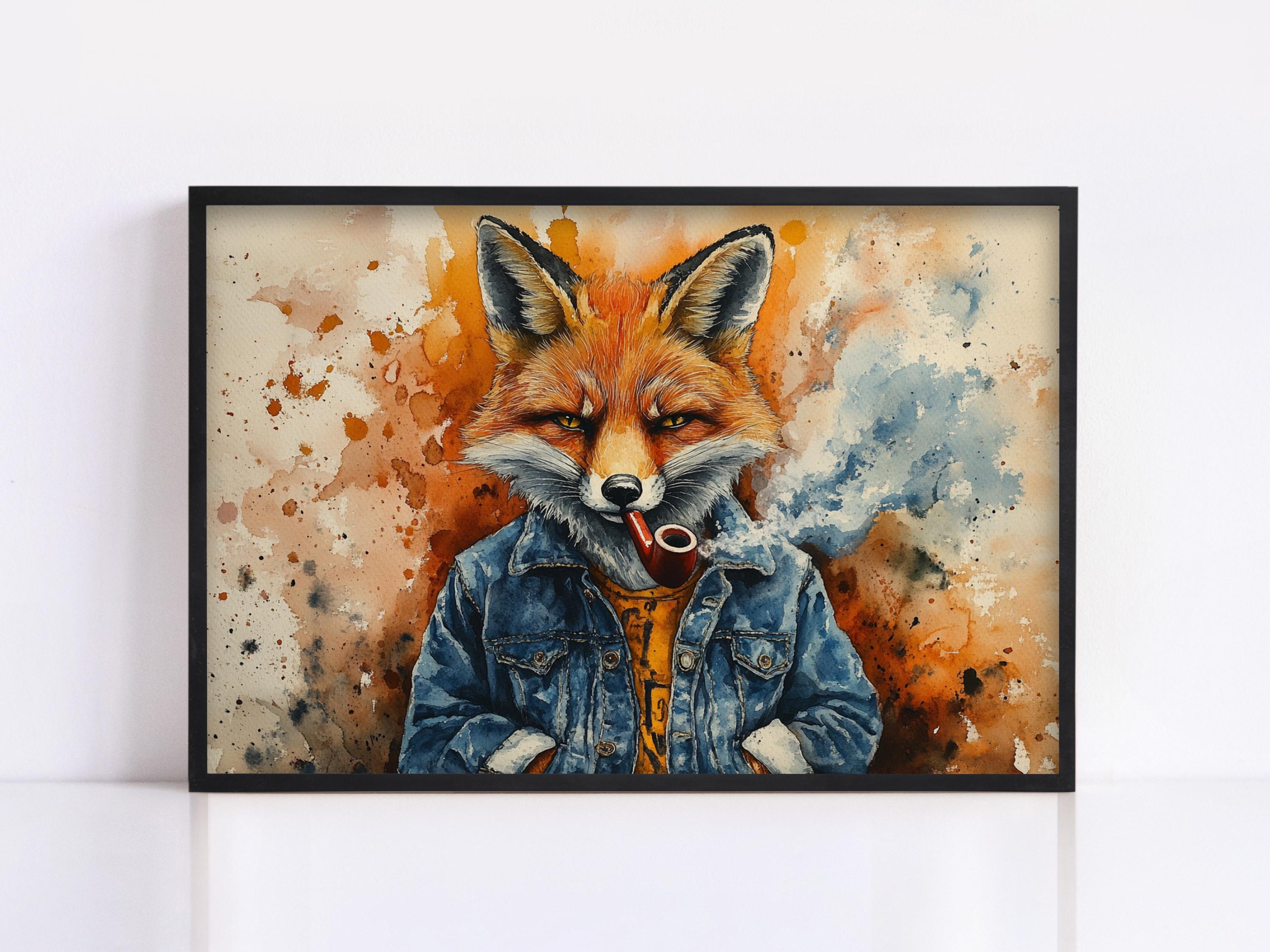 A framed painting depicting a fox wearing a denim jacket and smoking a pipe.
