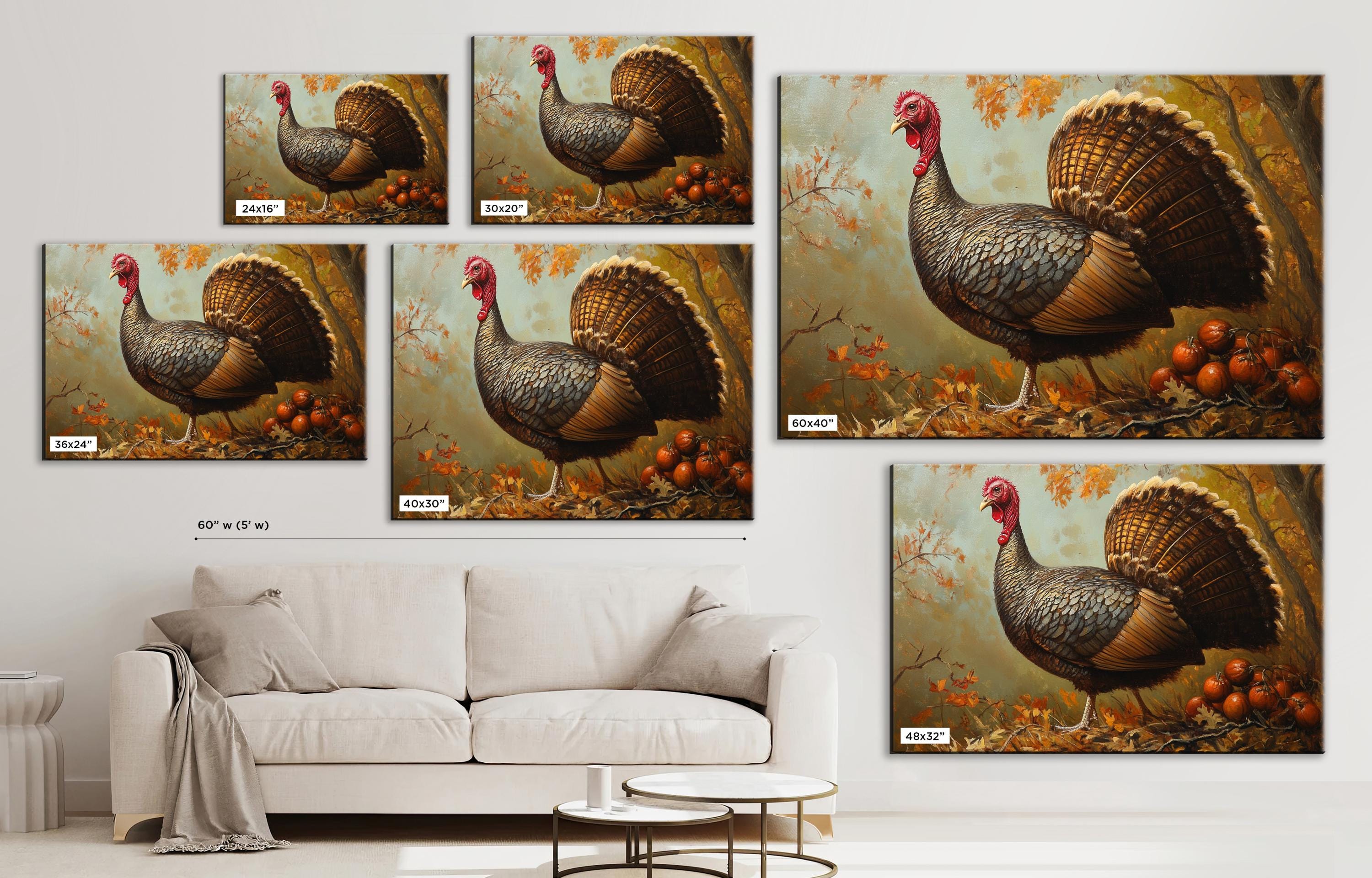 The image is a collage of five paintings depicting turkeys in various sizes and settings, including a large turkey standing on a bed of leaves and a smaller turkey in a forest setting.