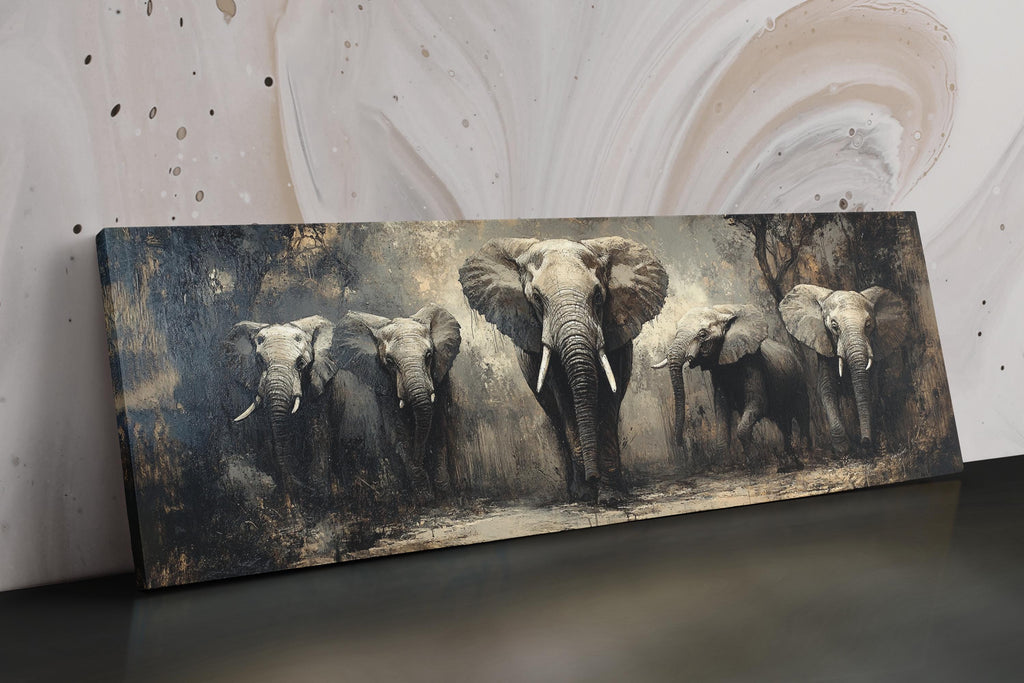 a painting of a group of elephants on a wall