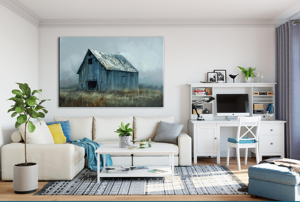 a cozy living room with a large painting of a rustic barn on the wall, a white sofa, a coffee table, a desk with a computer, and various decorative elements such as plants and books.