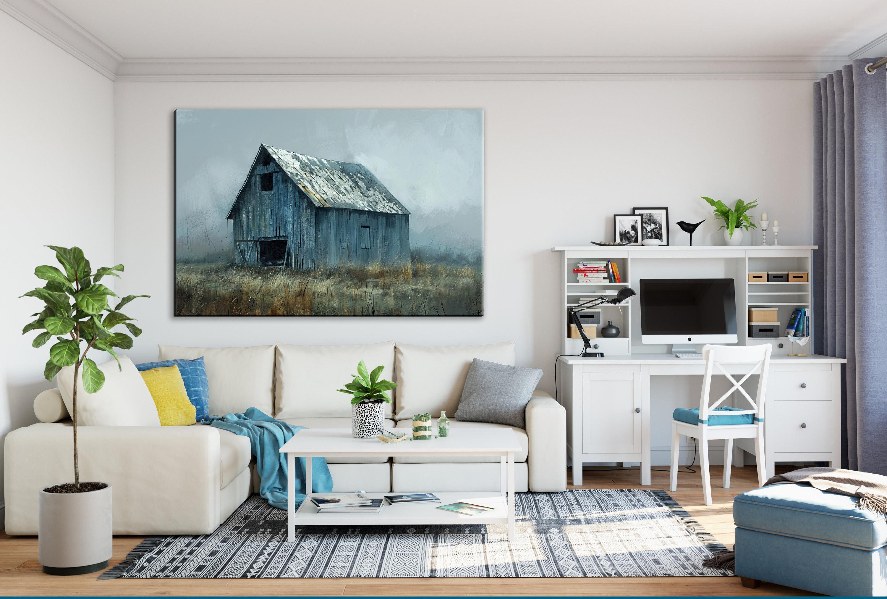 a cozy living room with a large painting of a rustic barn on the wall, a white sofa, a coffee table, a desk with a computer, and various decorative elements such as plants and books.
