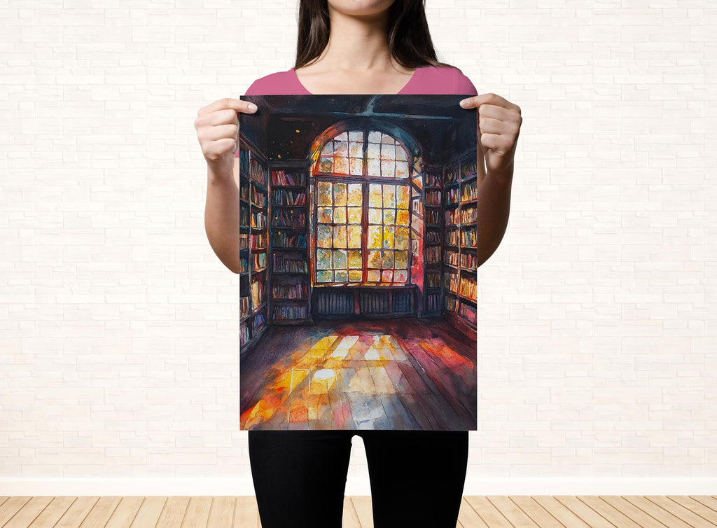 A woman holds up a painting of a library with a large window, showcasing the interior and the bookshelves filled with books.