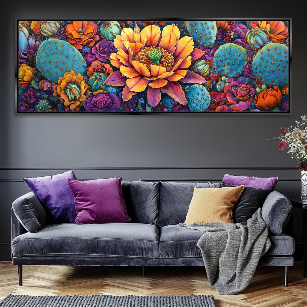 Desert Cactus Wall Art – Panoramic Framed Canvas | Oversized Saguaro Bloom Print