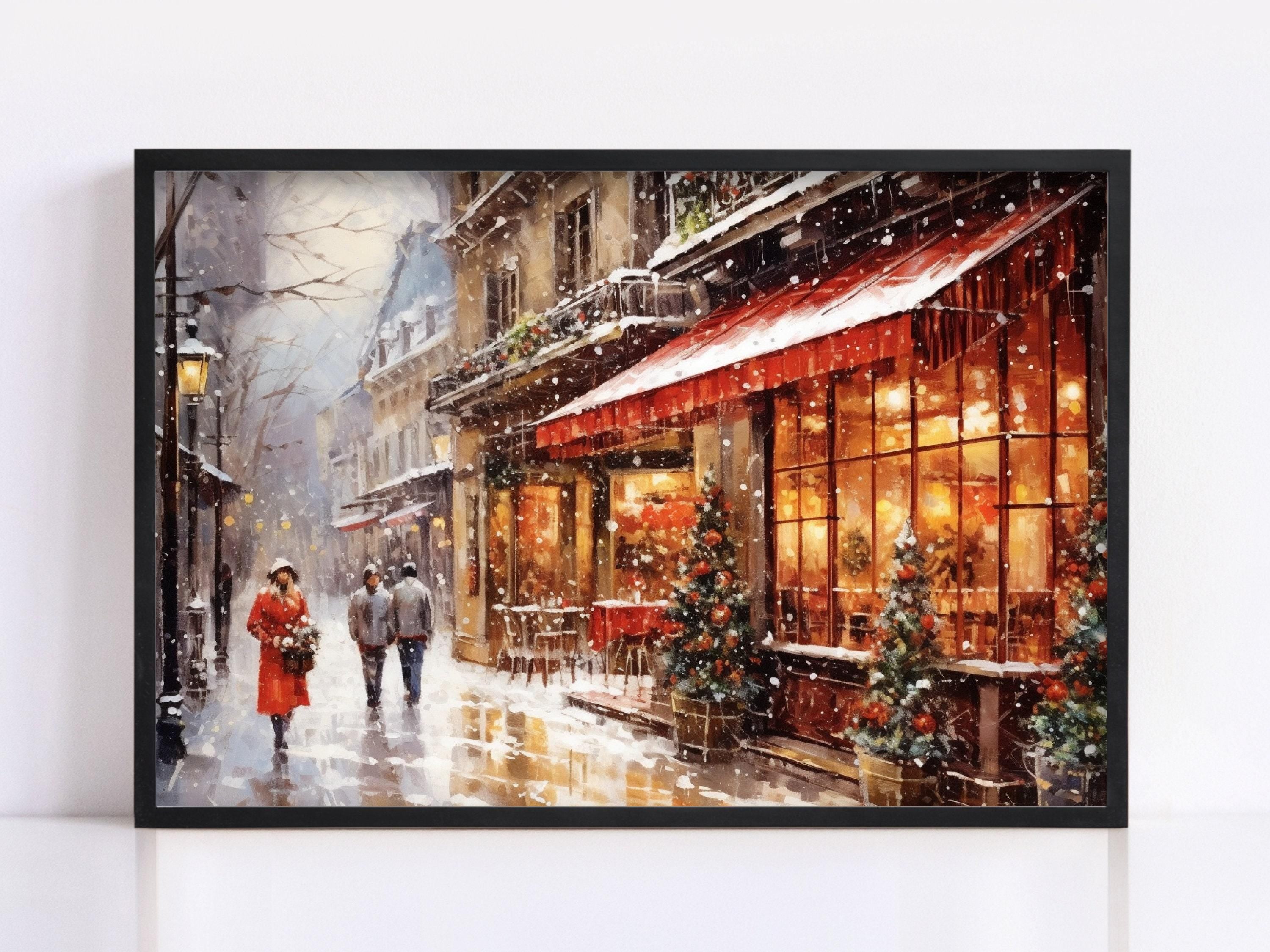 Winter Cityscape Watercolor - Holiday Home Decor, Giclee Print on Canvas, Artist Paper, Watercolor Paper, Available in Extra Large Sizes