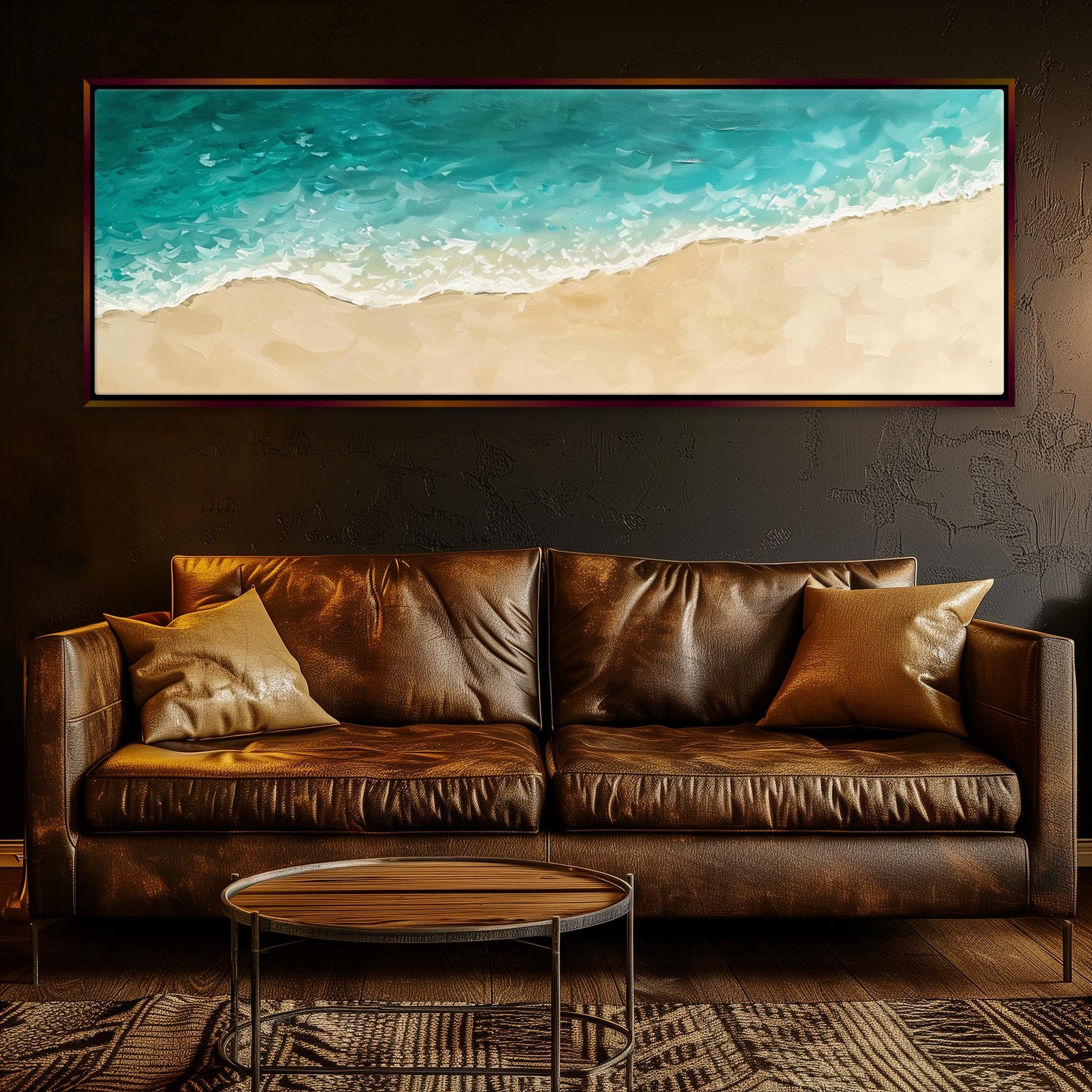 a living room with a couch and a painting on the wall