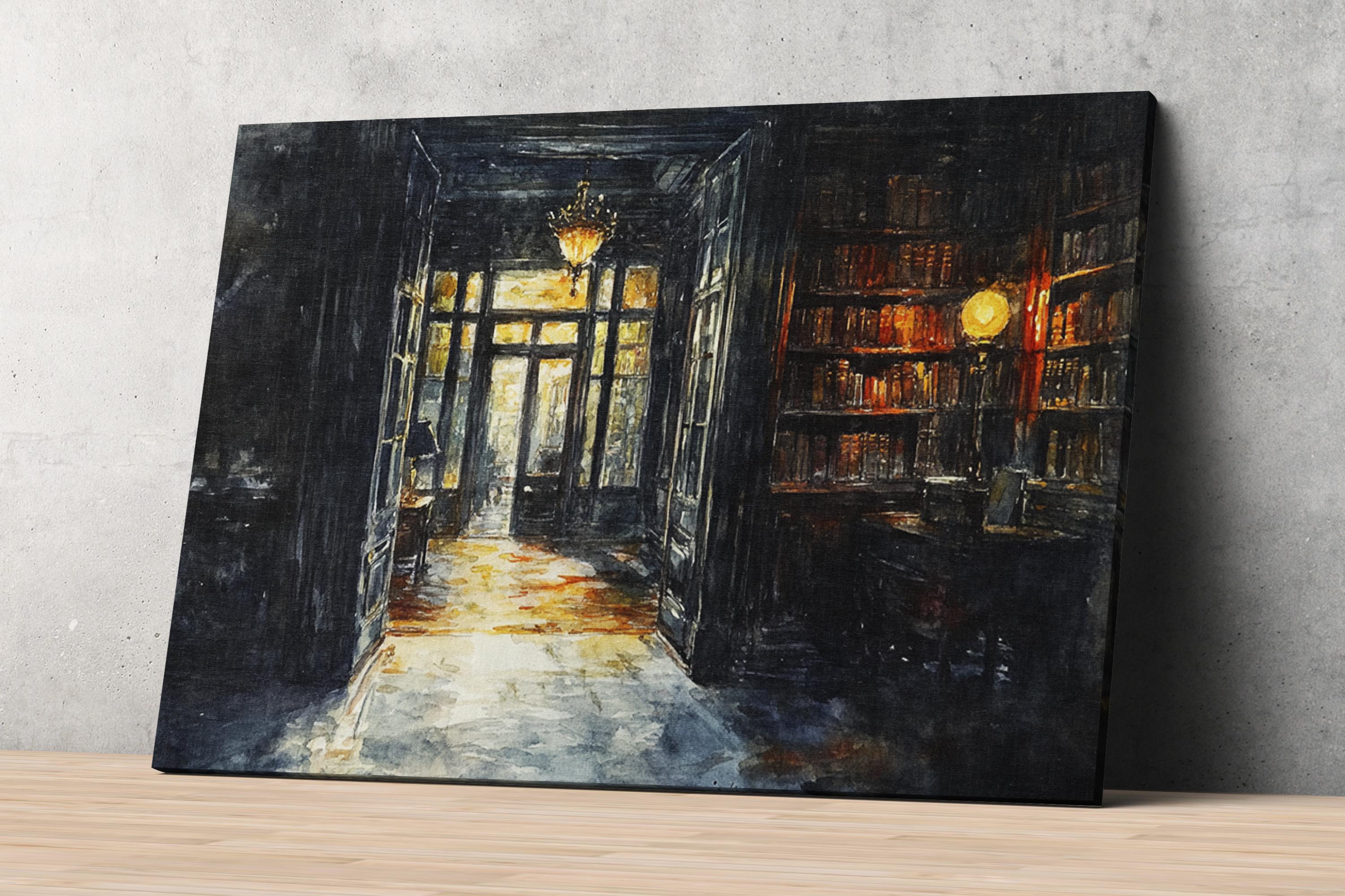 The image is a painting depicting a dimly lit hallway with a large bookshelf on the right side, illuminated by a single light source.