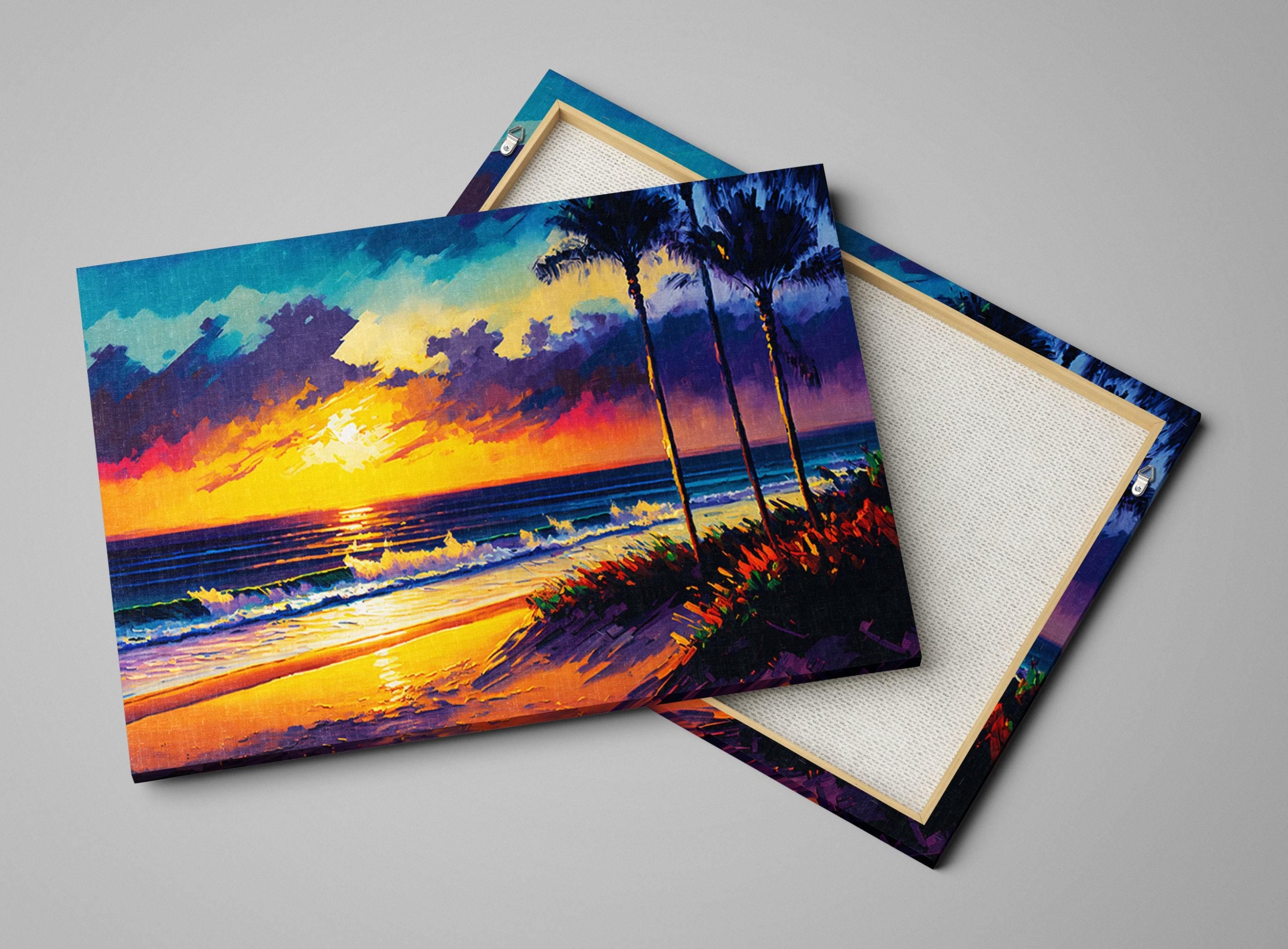 Coastal Beach Canvas - Large Canvas Art With Vibrant Ocean Sunset Painting