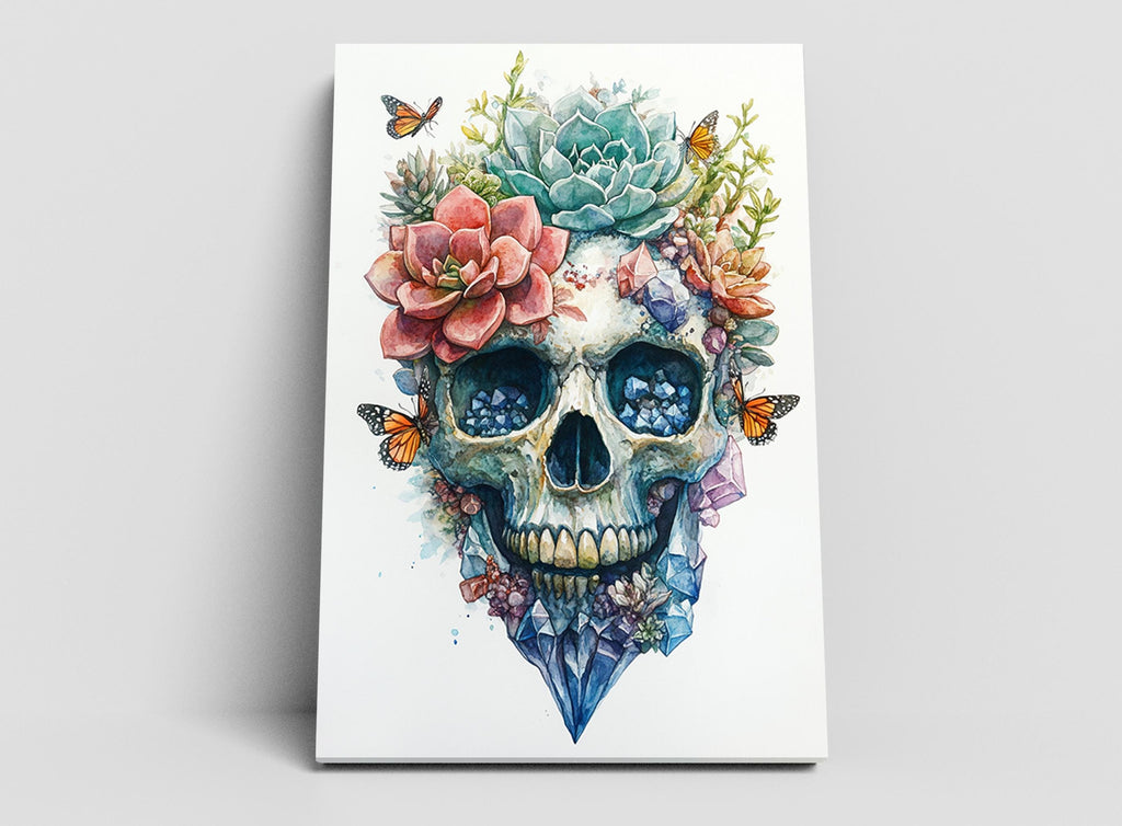 A colorful and intricate skull design with various flowers, butterflies, and crystals surrounding it.