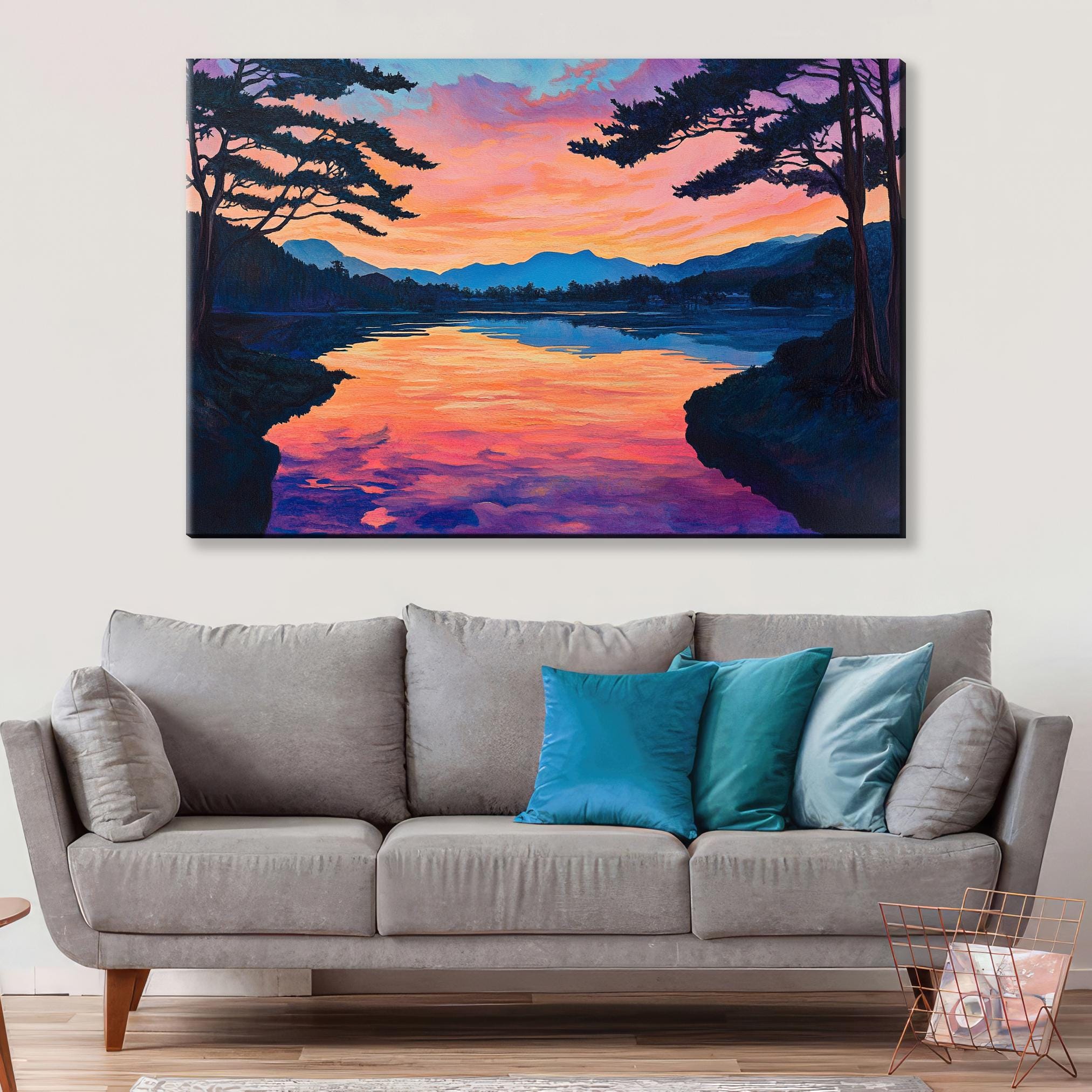 a living room with a couch and a painting on the wall