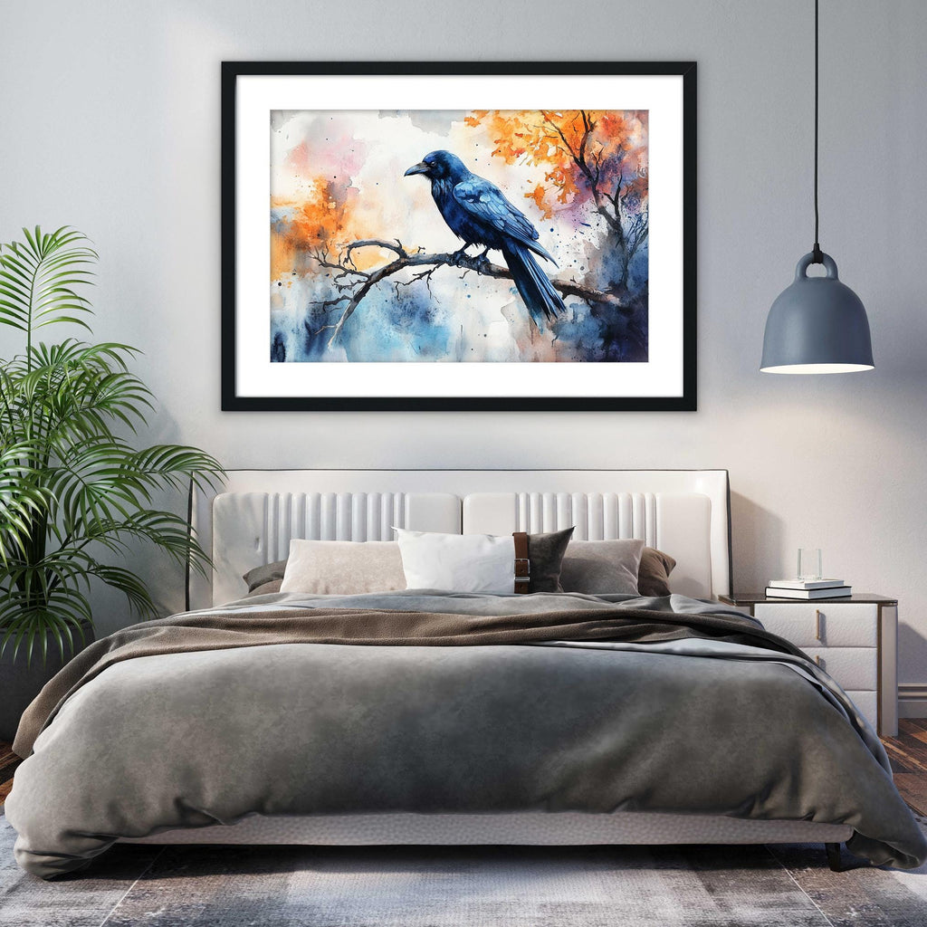 a bedroom with a large bed, a framed painting of a blue bird perched on a branch, and a potted plant on the left side of the room.