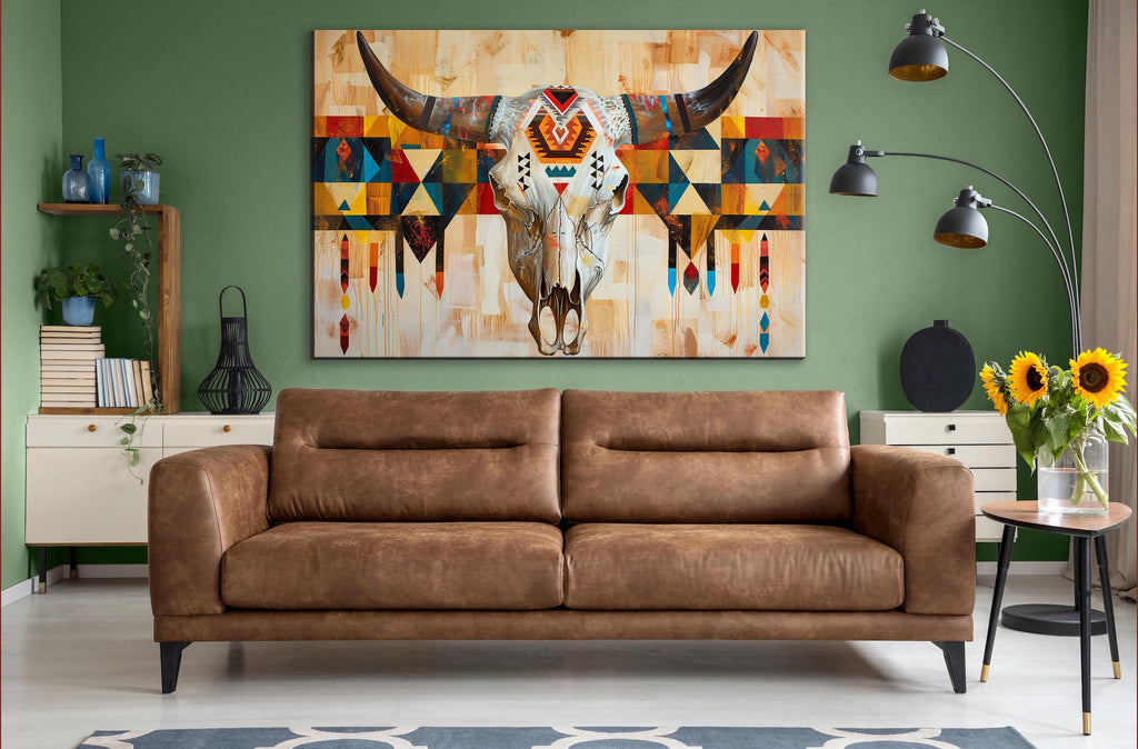 Tribal Cow Skull Art - Native Longhorn Canvas | Large Gallery Wrapped Wall Decor
