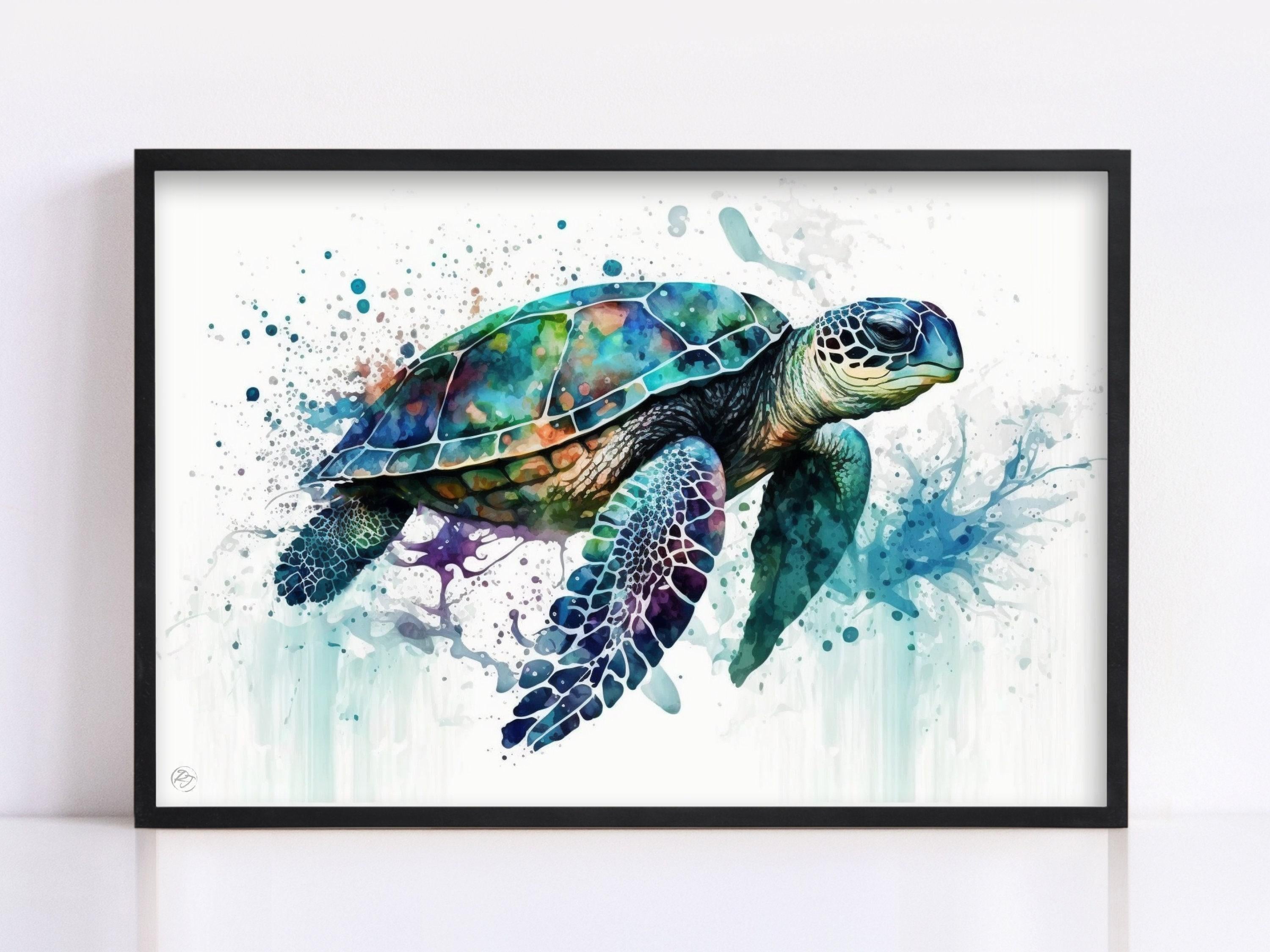 A framed watercolor painting depicting a colorful sea turtle swimming in the ocean.