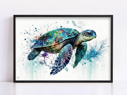 A framed watercolor painting depicting a colorful sea turtle swimming in the ocean.