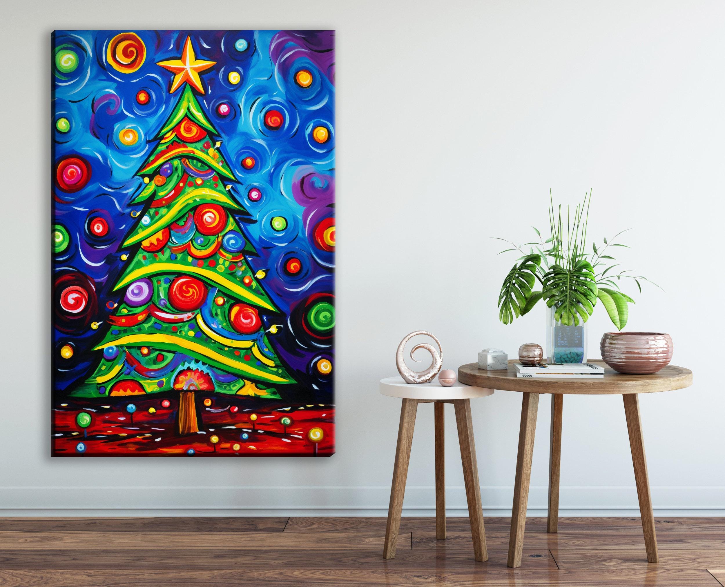 Christmas Tree Wall Art – Colorful Xmas Tree Painting on Gallery Wrapped Canvas, Large Sizes