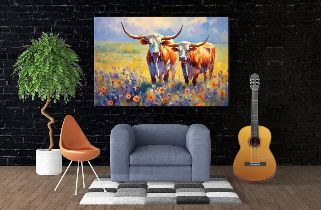 a living room with a large painting of two cows in a field hanging on the wall. The painting is vibrant and colorful, adding a lively atmosphere to the space. In the room, there is a gray armchair, a potted plant, and a guitar, creating a cozy and inviting environment.