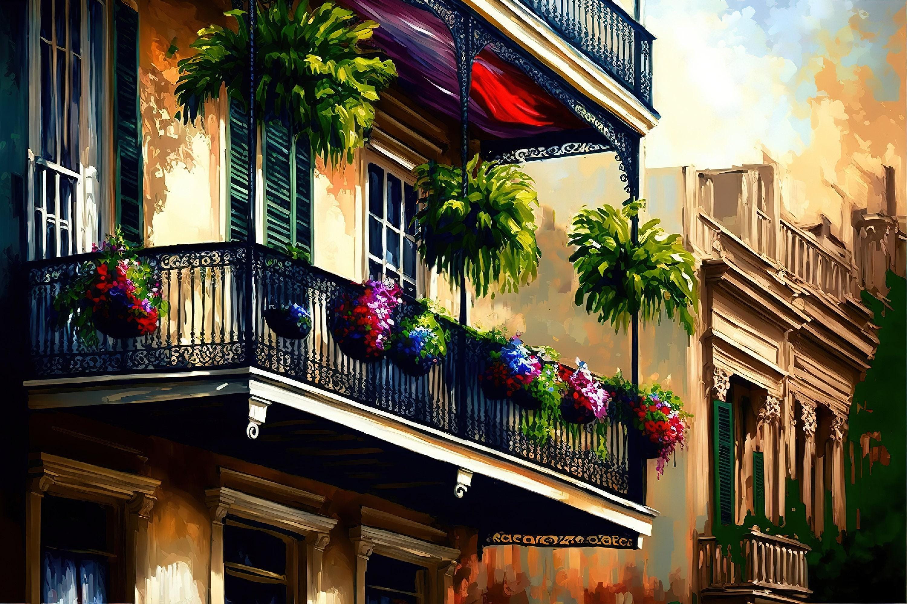 New Orleans Wall Art - French Quarter Painting | Vibrant NOLA Balcony Art Canvas