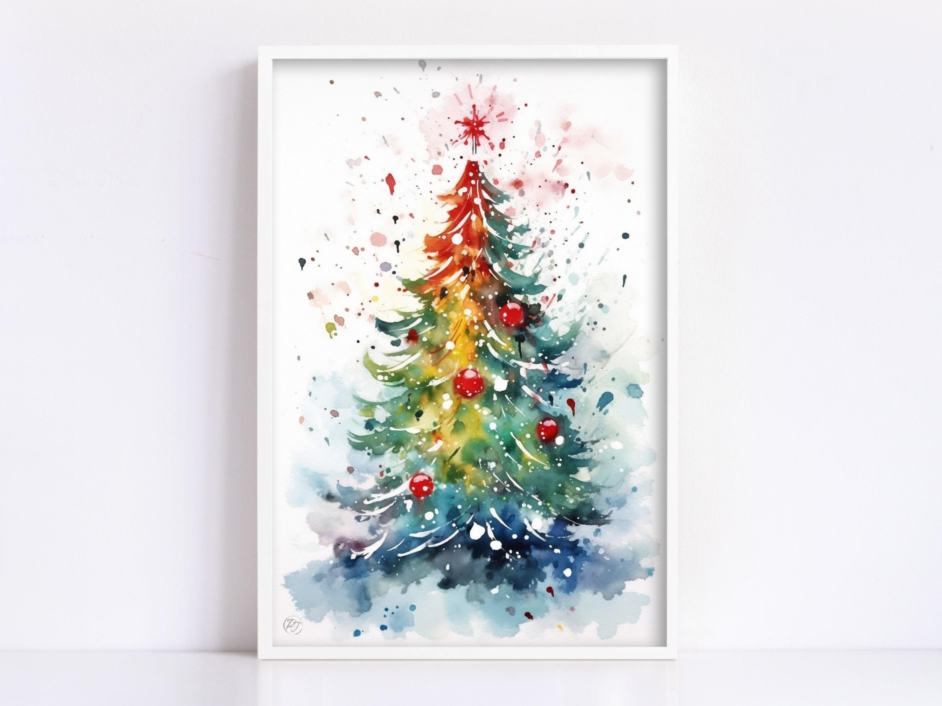 Watercolor Christmas Tree - Festive Holiday Wall Art, Giclee Print on Canvas, Artist Paper, Watercolor Paper, Available in Extra Large Sizes