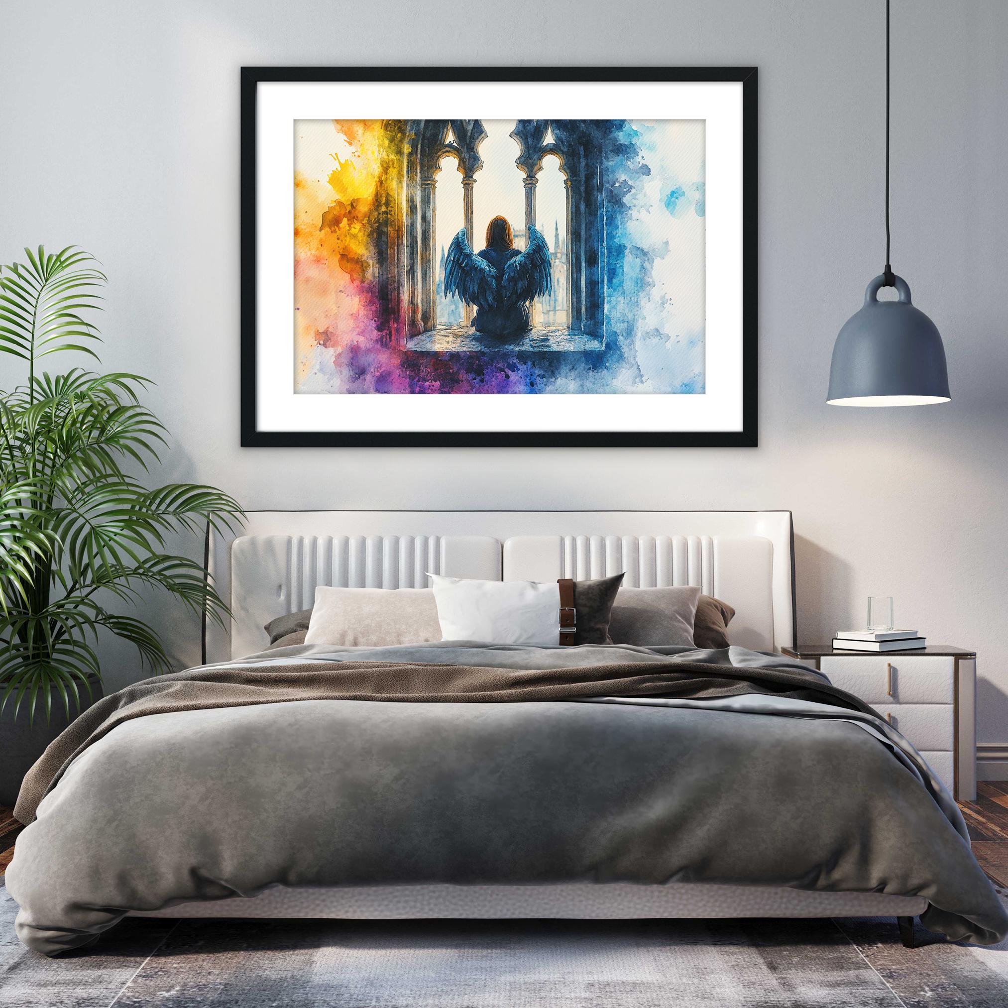 a bedroom with a large bed, a framed painting of a winged figure, and a potted plant.