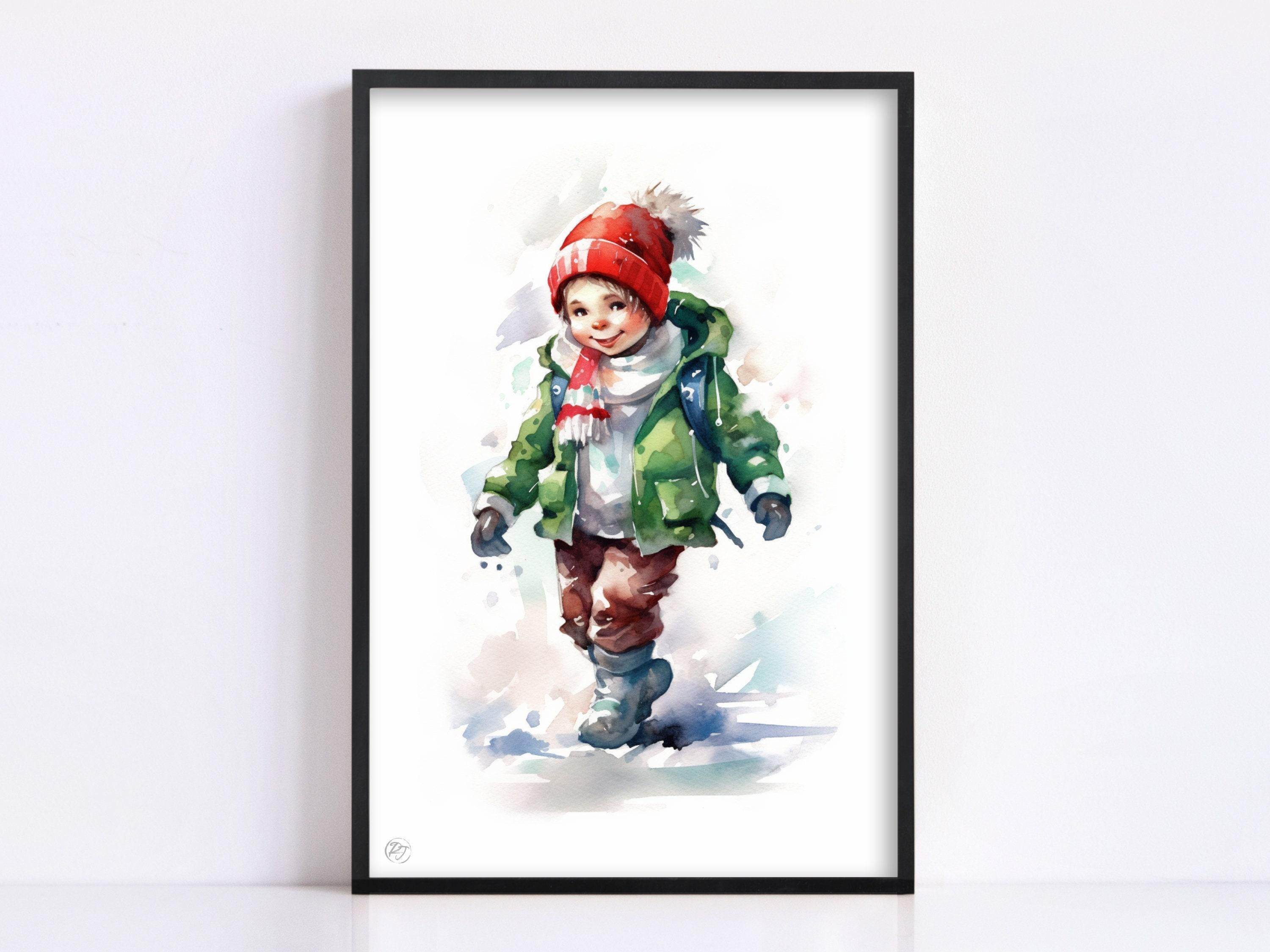 Joyful Christmas Child - Festive Holiday Watercolor, Giclee Print on Canvas, Artist Paper, Watercolor Paper, Available in Extra Large Sizes