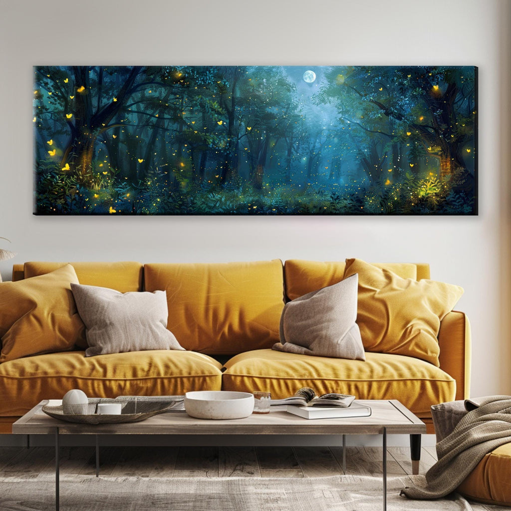 a large, vibrant painting of a forest scene with a full moon, casting a soft glow on the surrounding area. The painting is displayed on the wall above a cozy living room setting with a yellow sofa and a coffee table.