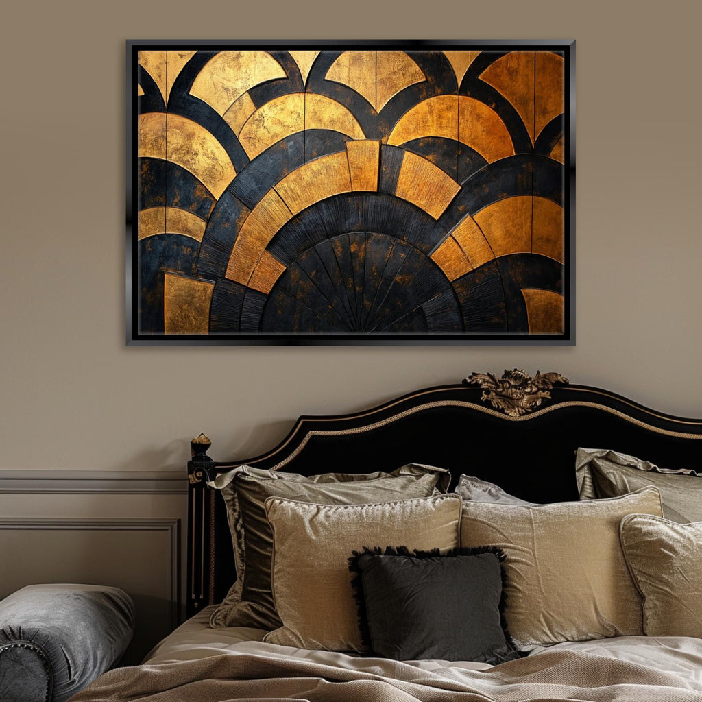a bedroom with a bed and a painting on the wall