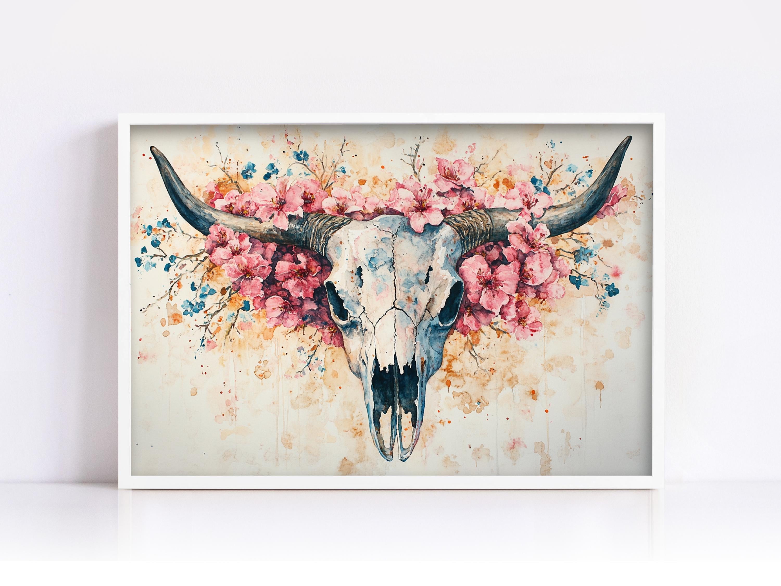 A framed painting depicting a skull with large horns and a floral arrangement surrounding it.