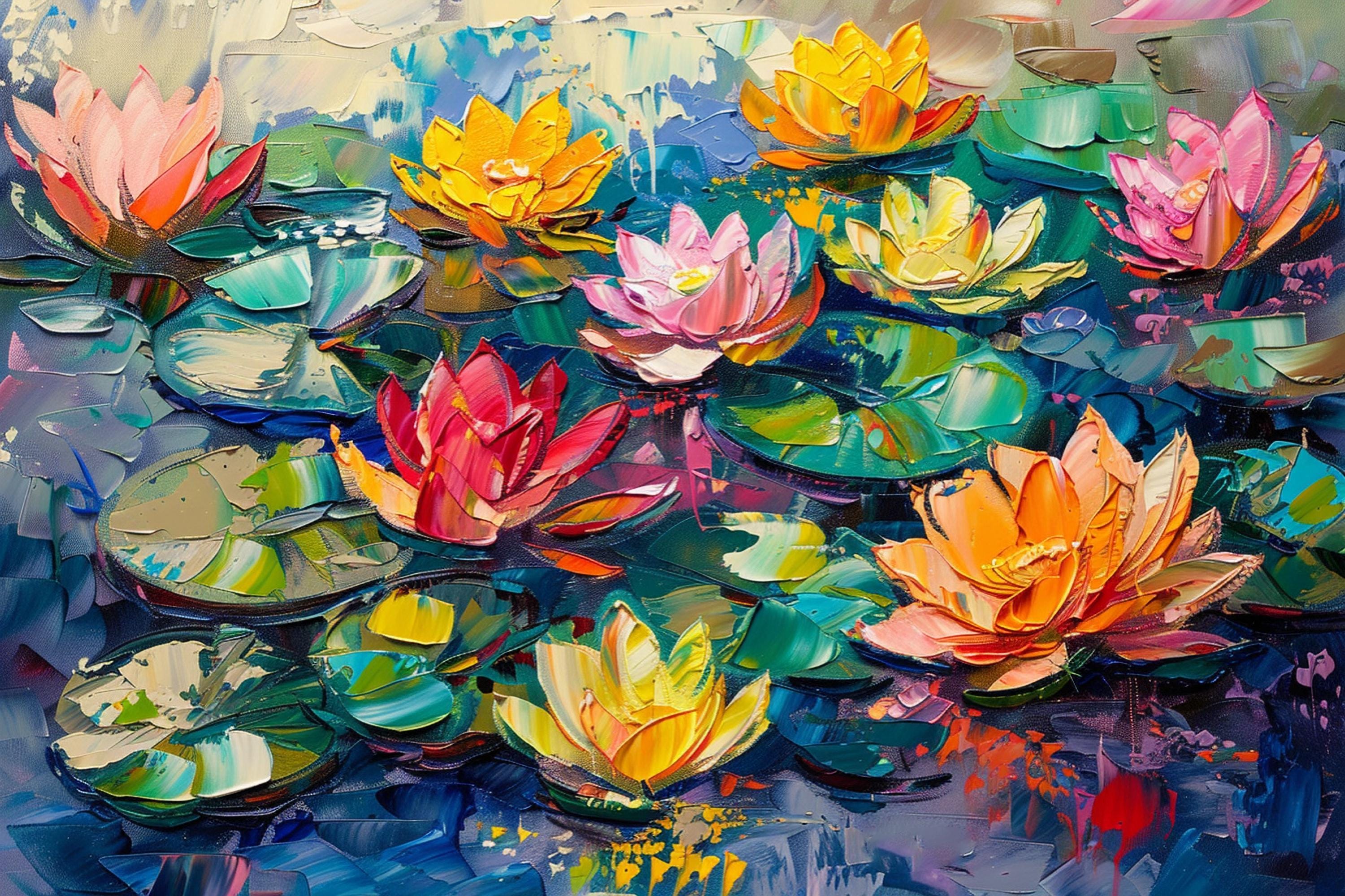 Water Lilies Canvas | Large Canvas Art - Oversized Botanical Wall Art in Impasto Painting Style