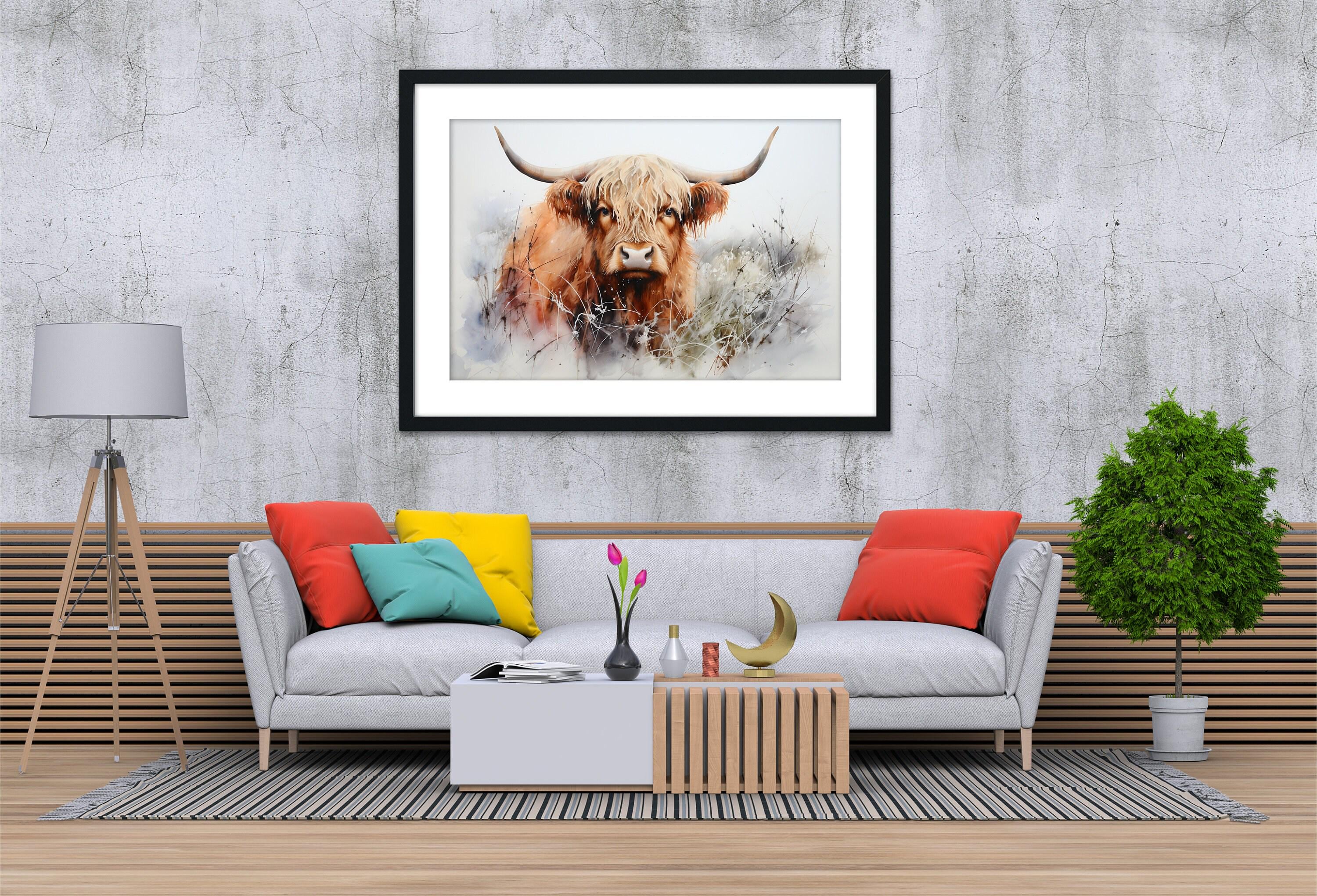 Watercolor Highland Cow Wall Art Print, Giclee Print on Canvas, Artist Paper, Watercolor Paper, Available in Extra Large Sizes