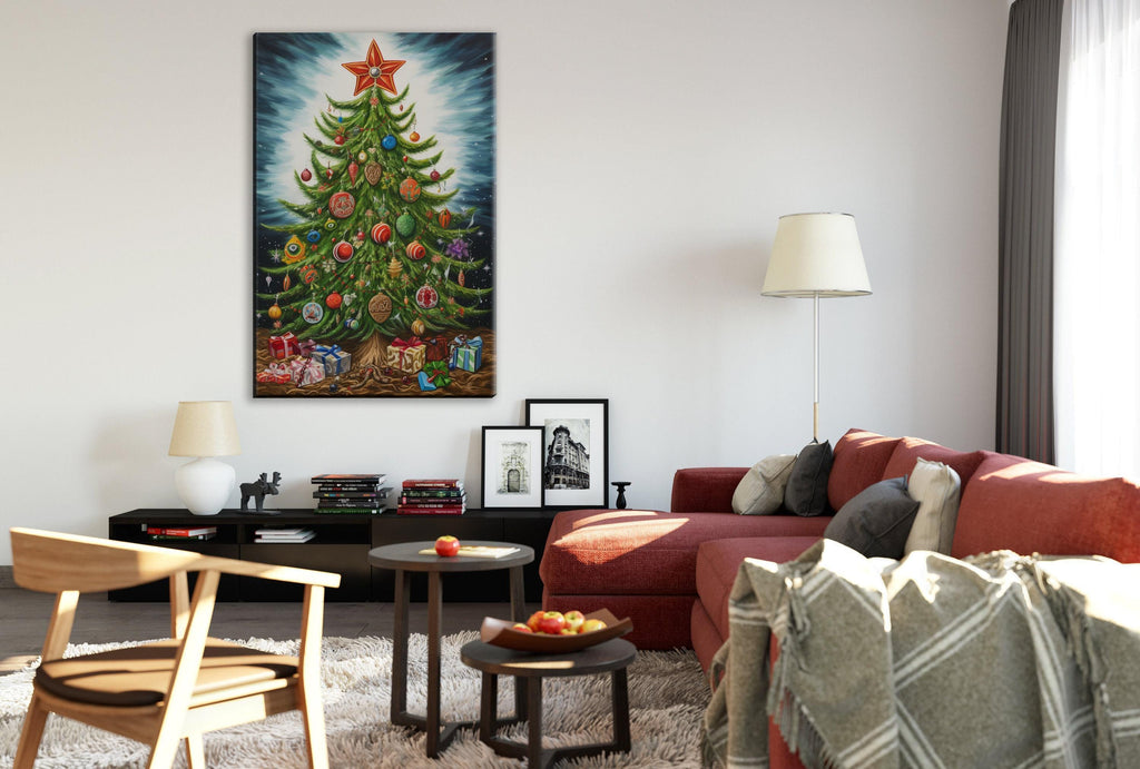 Christmas Tree Illustration - Whimsical Holiday Art on Gallery Wrapped Canvas, Extra Large