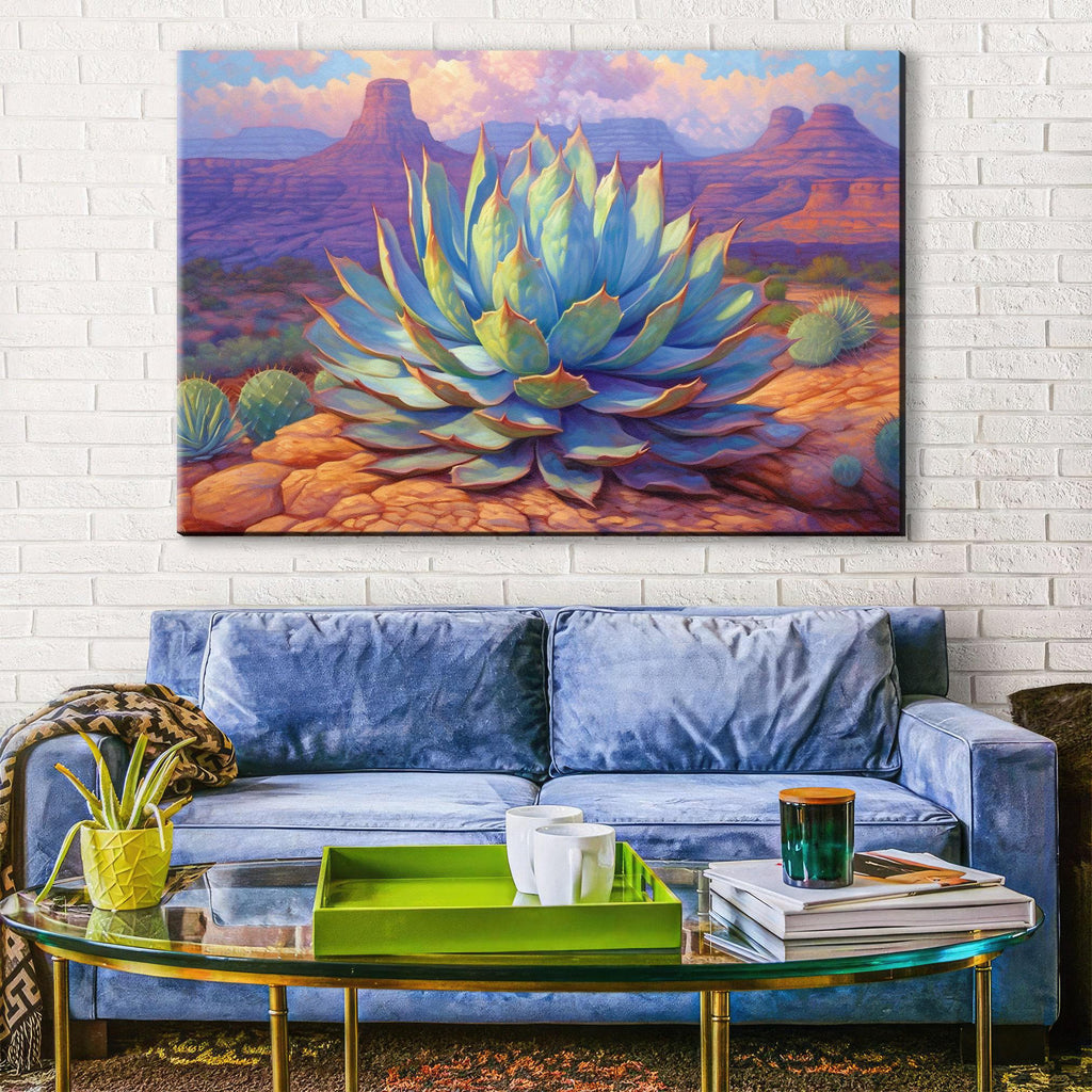 Blue Agave Canvas Art – Desert Pastel Painting on Gallery Wrapped Canvas, Extra Large