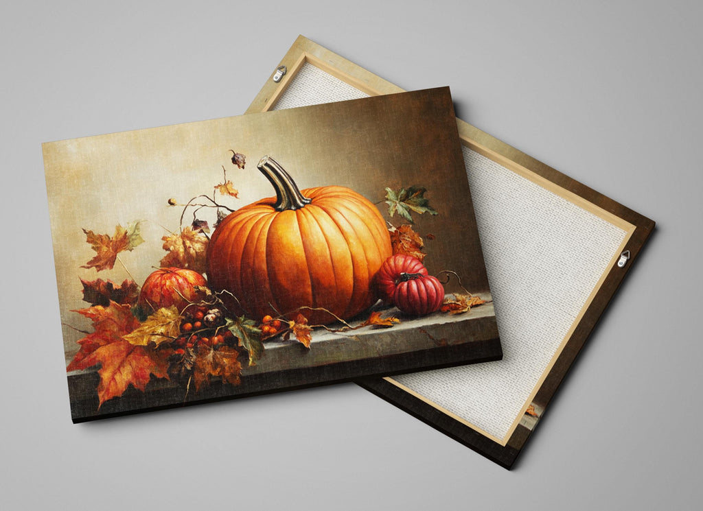 a still life painting of a pumpkin and autumn leaves on a ledge, with a second canvas visible in the background.