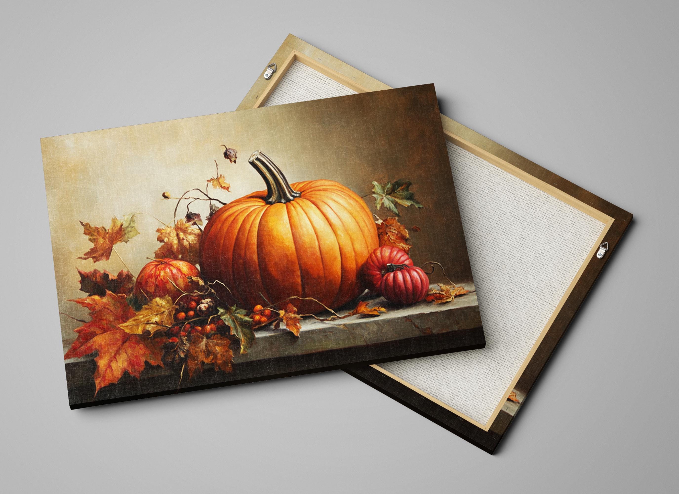 a still life painting of a pumpkin and autumn leaves on a ledge, with a second canvas visible in the background.