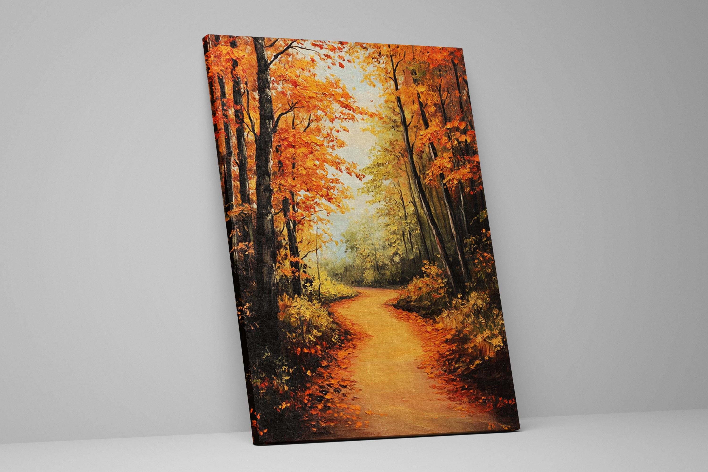 a winding path through a forest with vibrant orange and yellow foliage, creating a warm and inviting atmosphere.